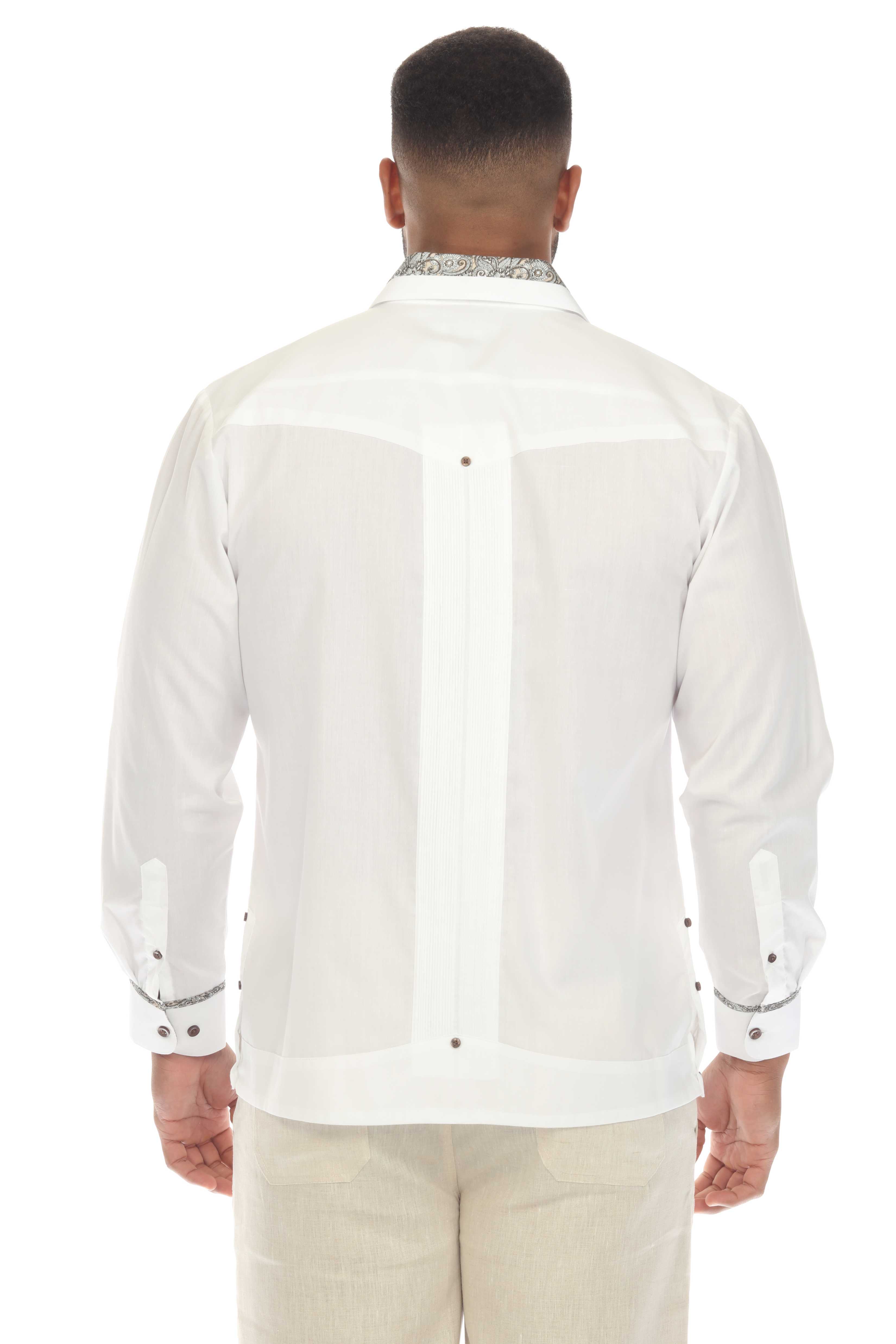 Men's Guayabera Chacabana Shirt Cotton Blend Long Sleeve with Contrast Accent Trim