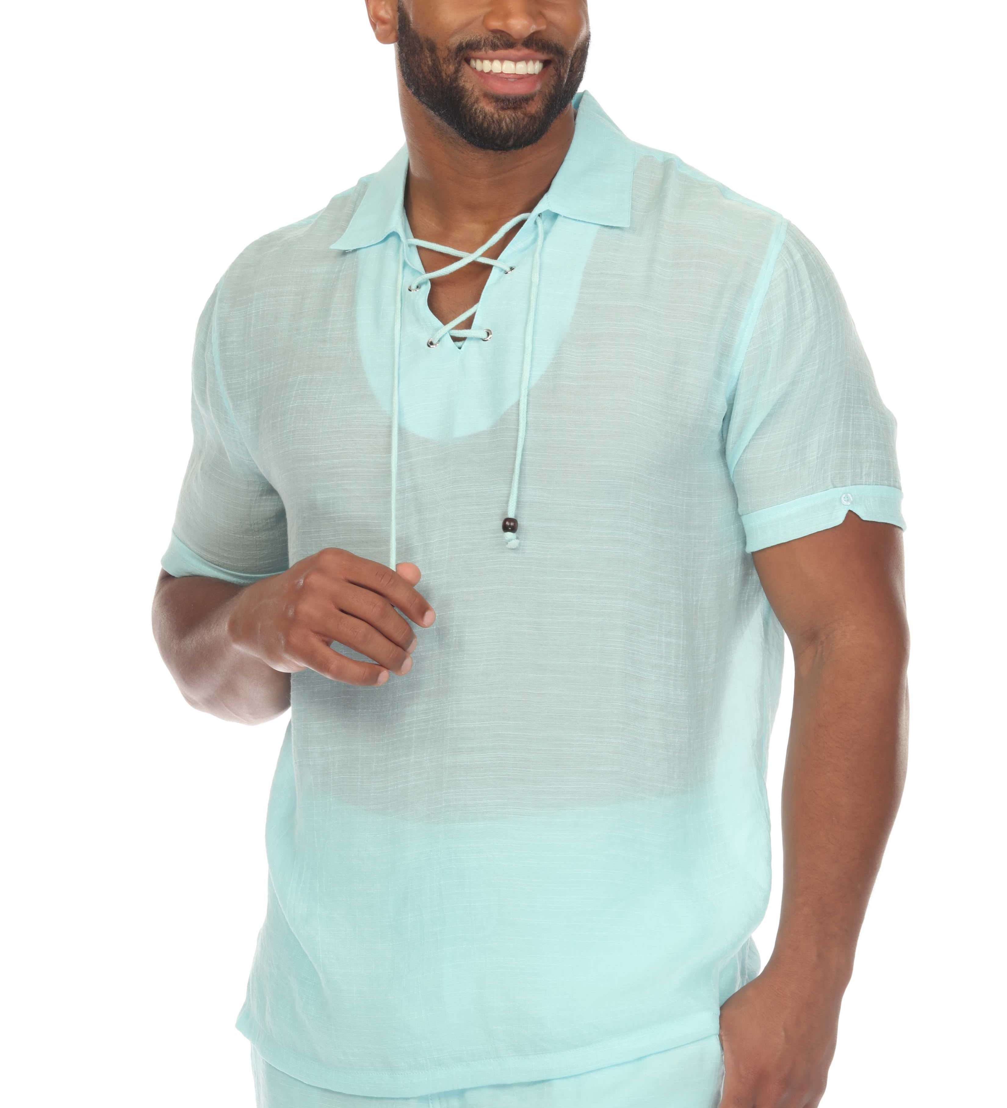 Men's Beach Casual Lace Up Shirt Short Sleeve