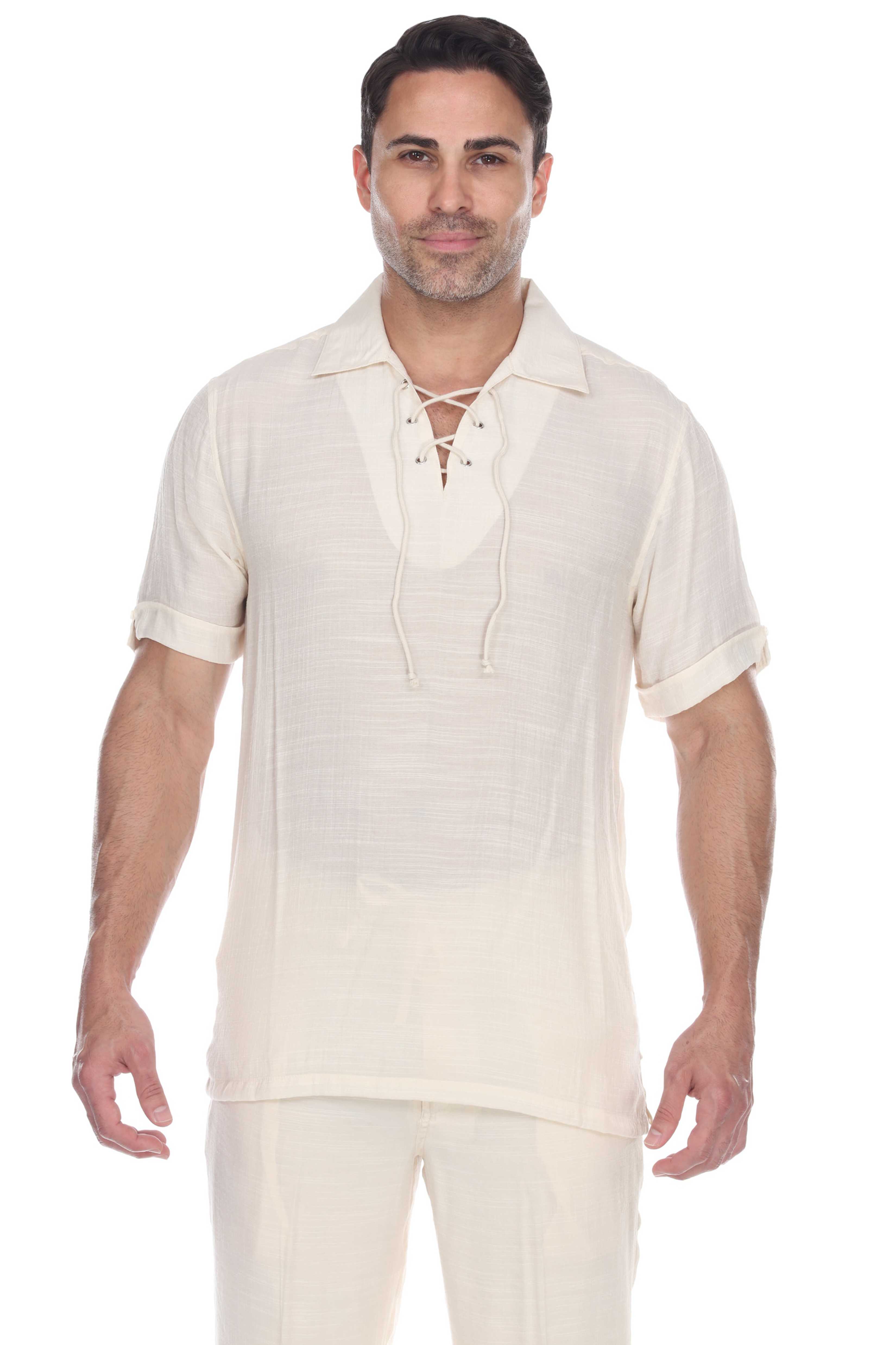 Men's Beach Casual Lace Up Shirt Short Sleeve