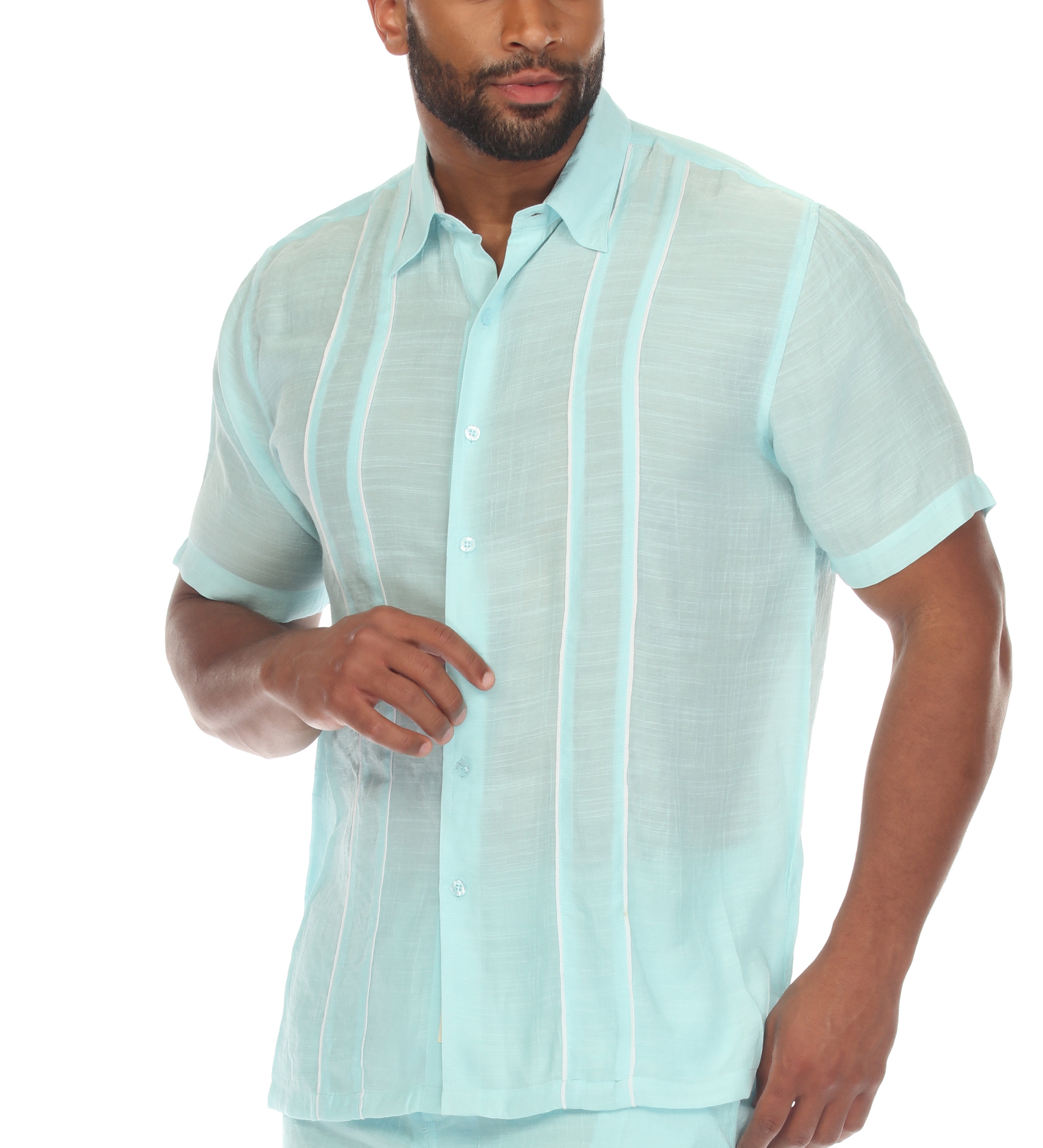 Men's Beach Button Down Shirt Pintuck Trim Contrast Short Sleeve