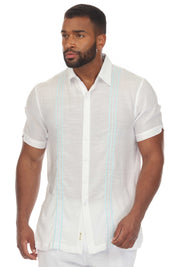 Men's Beach Button Down Shirt with Embroidered Contrast Trim Short Sleeve