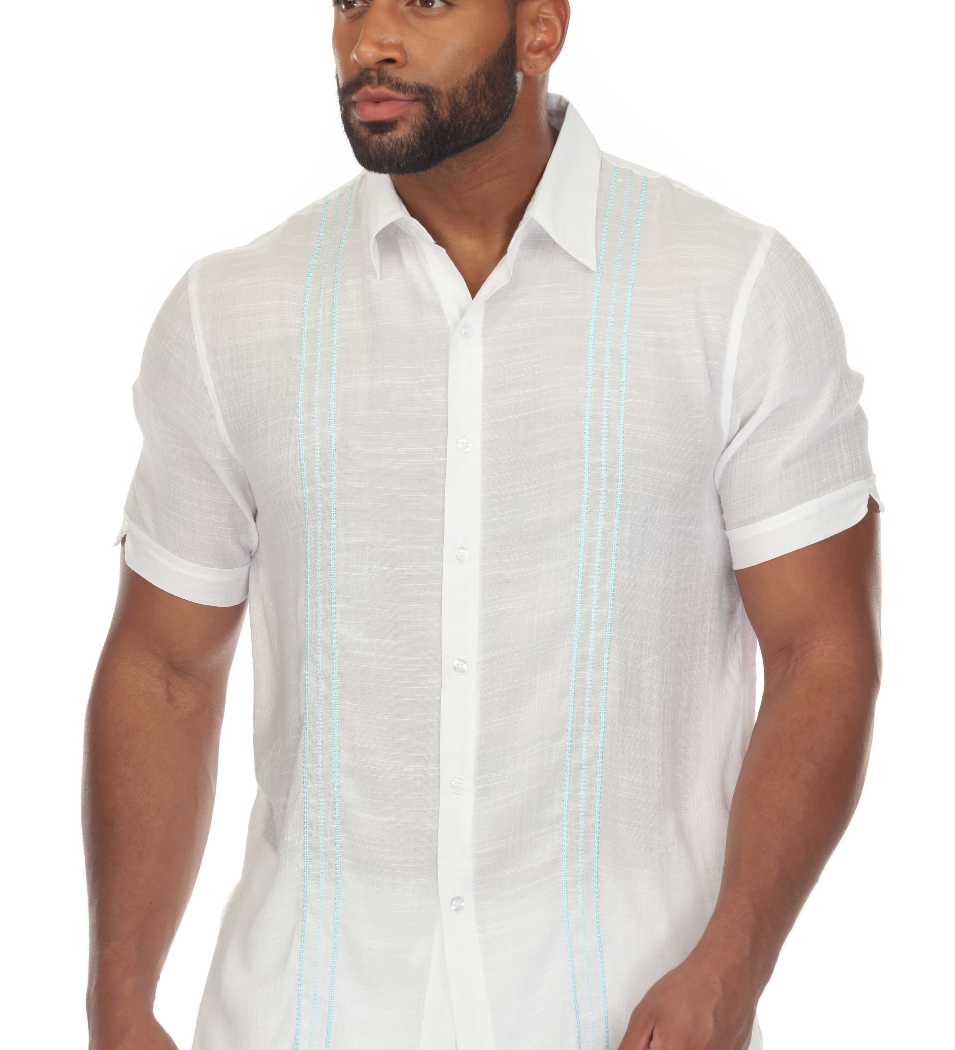 Men's Beach Button Down Shirt with Embroidered Contrast Trim Short Sleeve