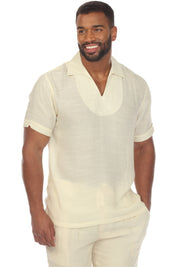 Men's Beach V-Neck Collar Shirt Short Sleeve with Embroidered Accent