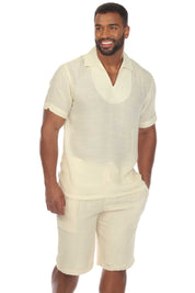 Men's Beach V-Neck Collar Shirt Short Sleeve with Embroidered Accent