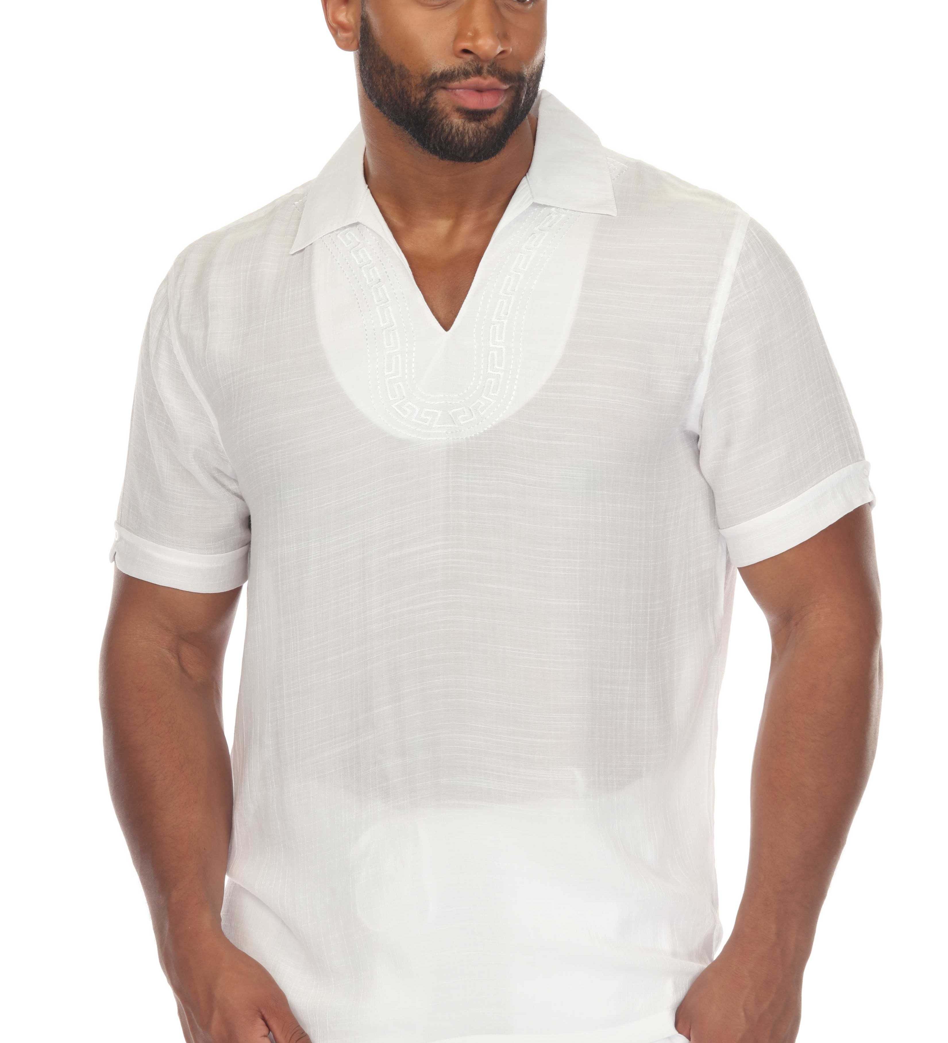 Men's Beach V-Neck Collar Shirt Short Sleeve with Embroidered Accent