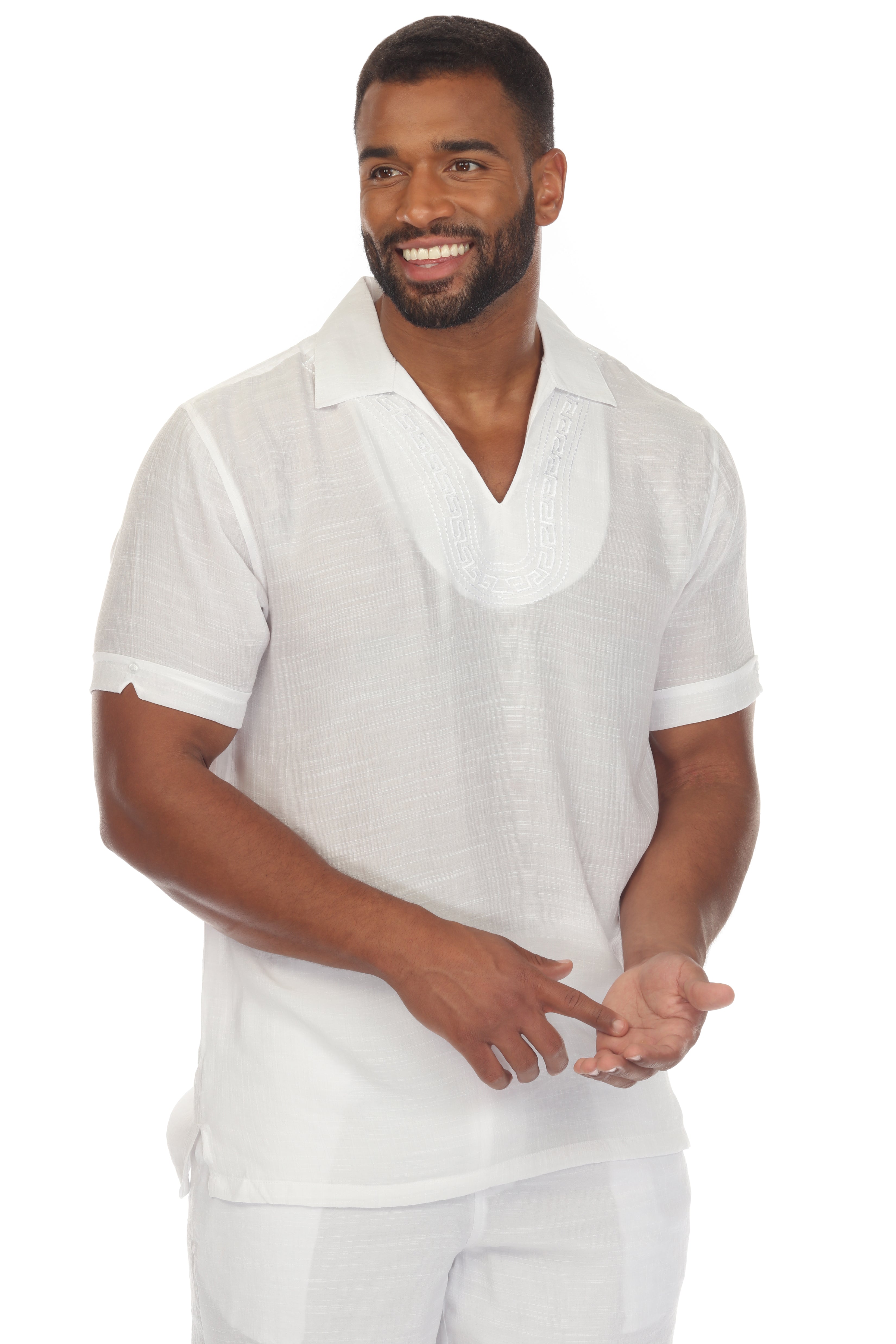 Men's Beach V-Neck Collar Shirt Short Sleeve with Embroidered Accent