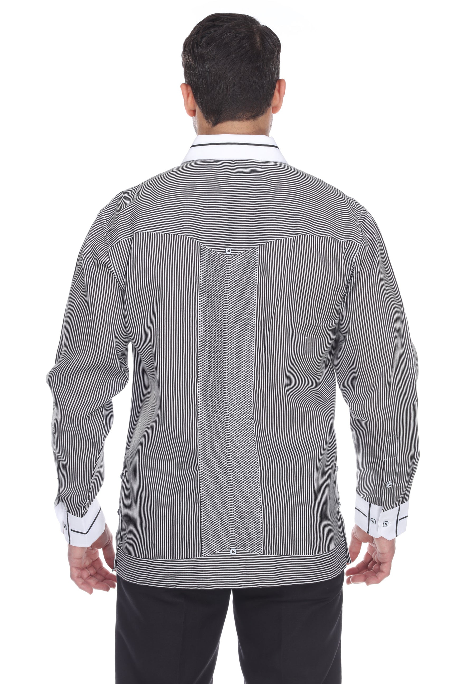 Men's Pinstripe 100% Linen Guayabera Shirt Long Sleeve with Collar Trim Accent