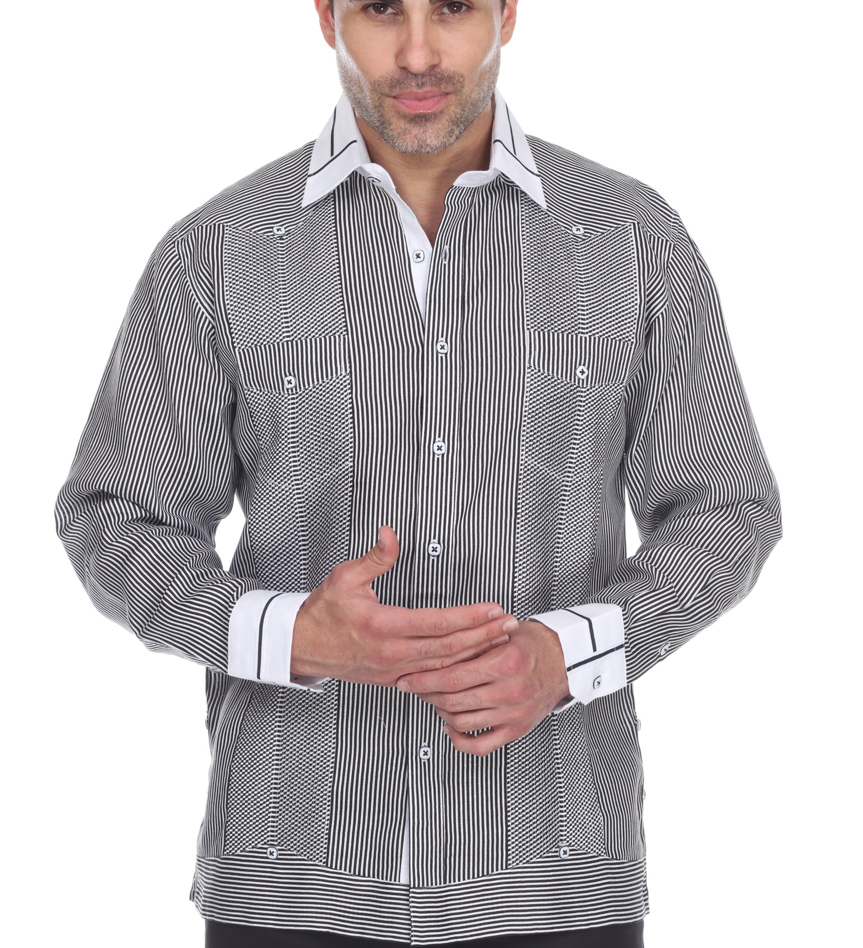 Men's Pinstripe 100% Linen Guayabera Shirt Long Sleeve with Collar Trim Accent