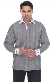 Men's Pinstripe 100% Linen Guayabera Shirt Long Sleeve with Collar Trim Accent