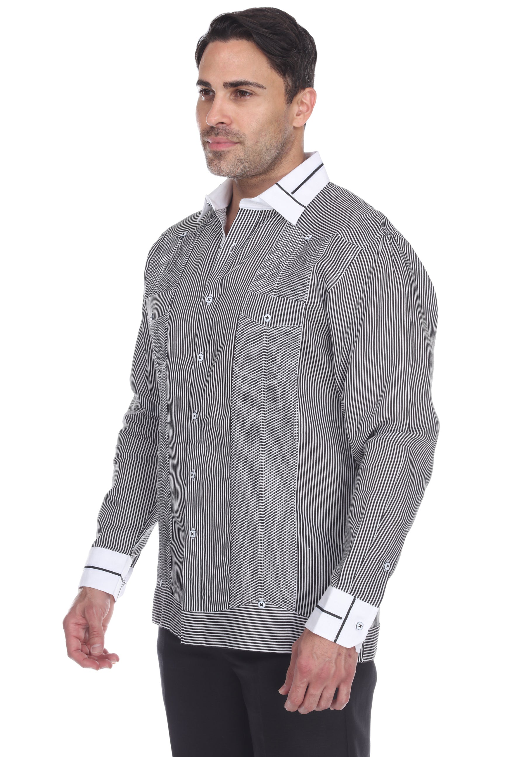 Men's Pinstripe 100% Linen Guayabera Shirt Long Sleeve with Collar Trim Accent