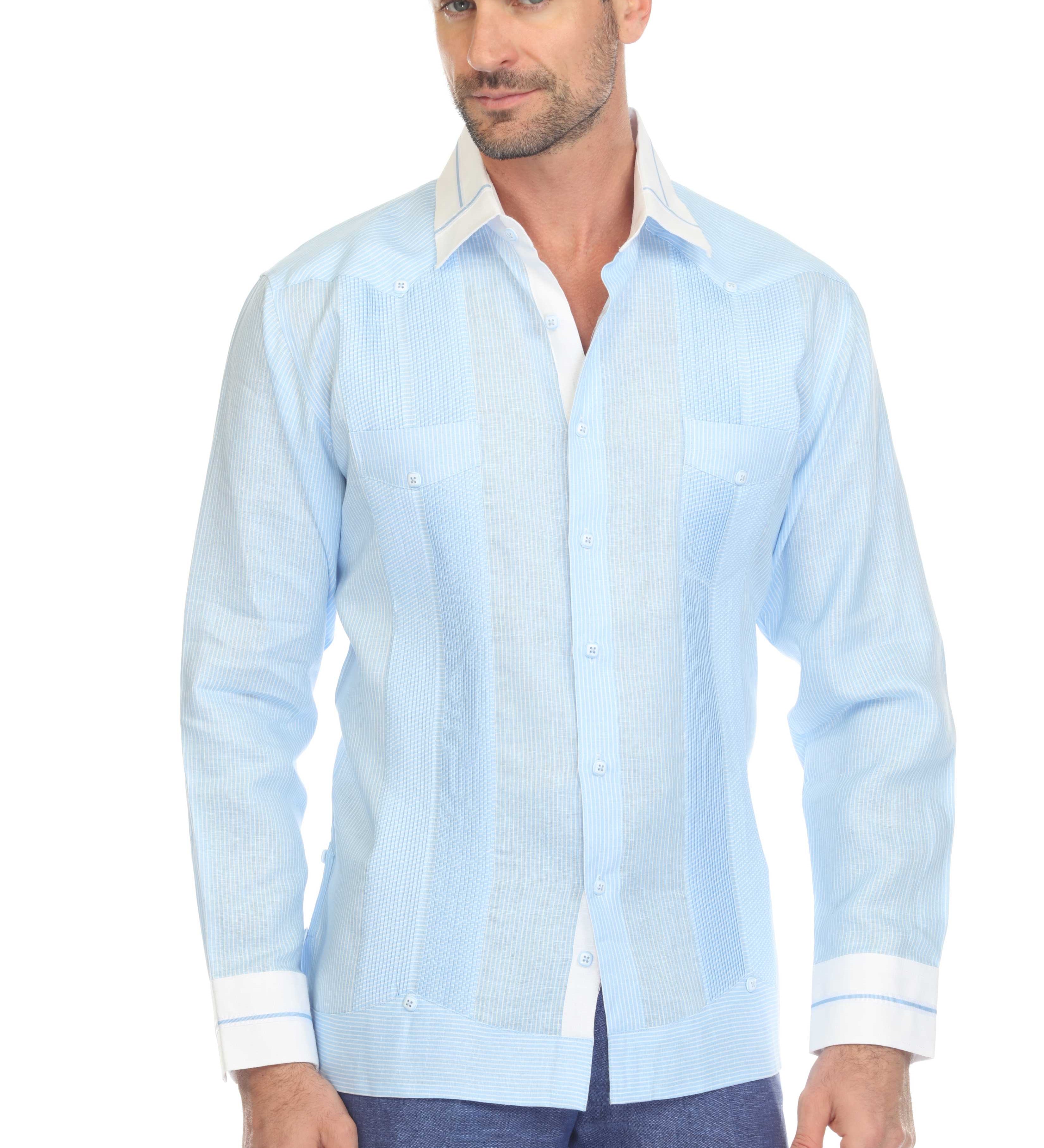 Men's Pinstripe 100% Linen Guayabera Shirt Long Sleeve with Collar Trim Accent