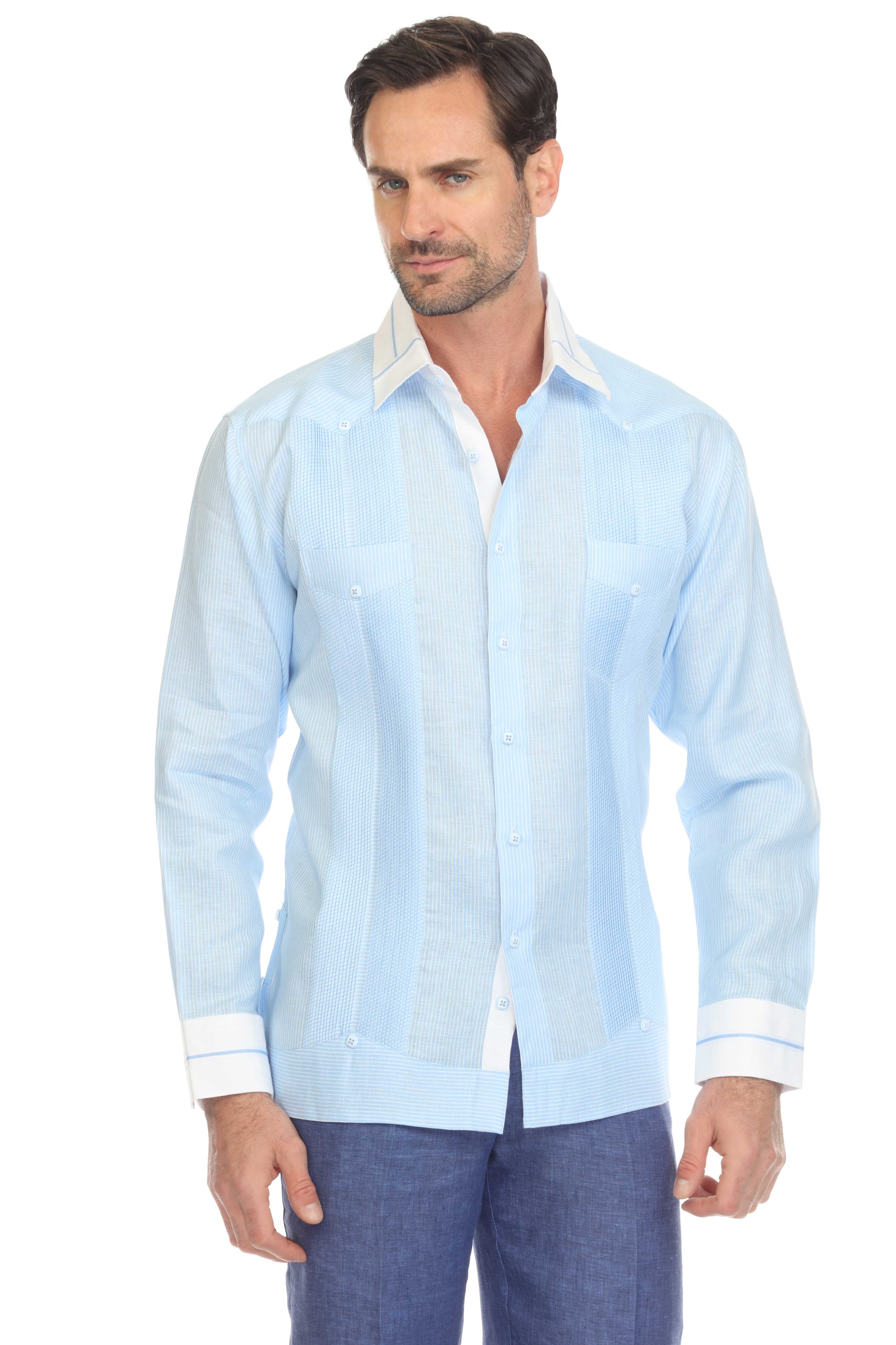 Men's Pinstripe 100% Linen Guayabera Shirt Long Sleeve with Collar Trim Accent