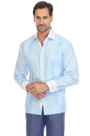 Men's Pinstripe 100% Linen Guayabera Shirt Long Sleeve with Collar Trim Accent