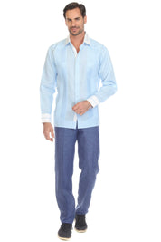 Men's Pinstripe 100% Linen Guayabera Shirt Long Sleeve with Collar Trim Accent