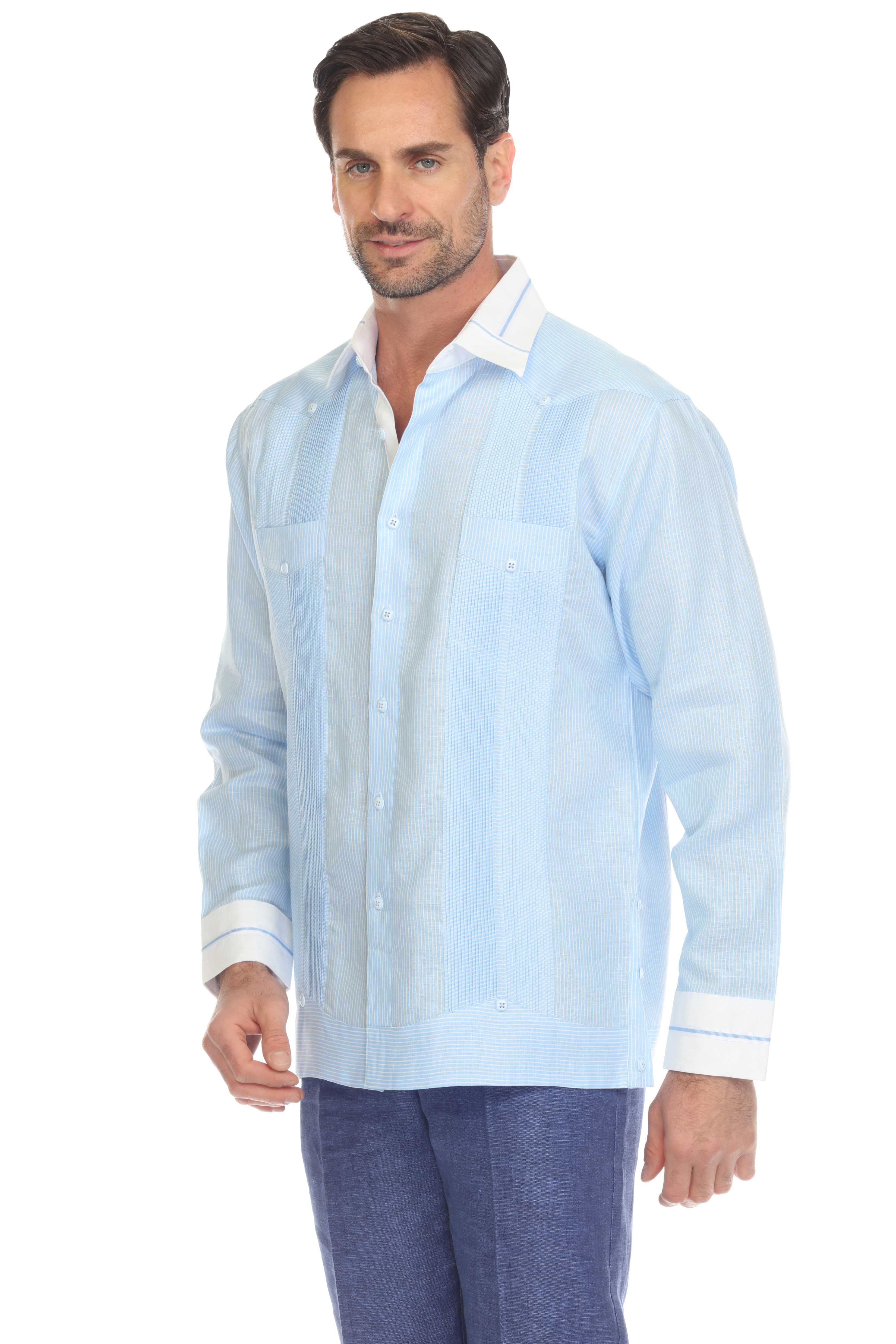 Men's Pinstripe 100% Linen Guayabera Shirt Long Sleeve with Collar Trim Accent