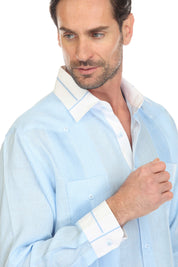 Men's Pinstripe 100% Linen Guayabera Shirt Long Sleeve with Collar Trim Accent