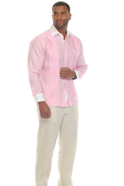 Men's Pinstripe 100% Linen Guayabera Shirt Long Sleeve with Collar Trim Accent