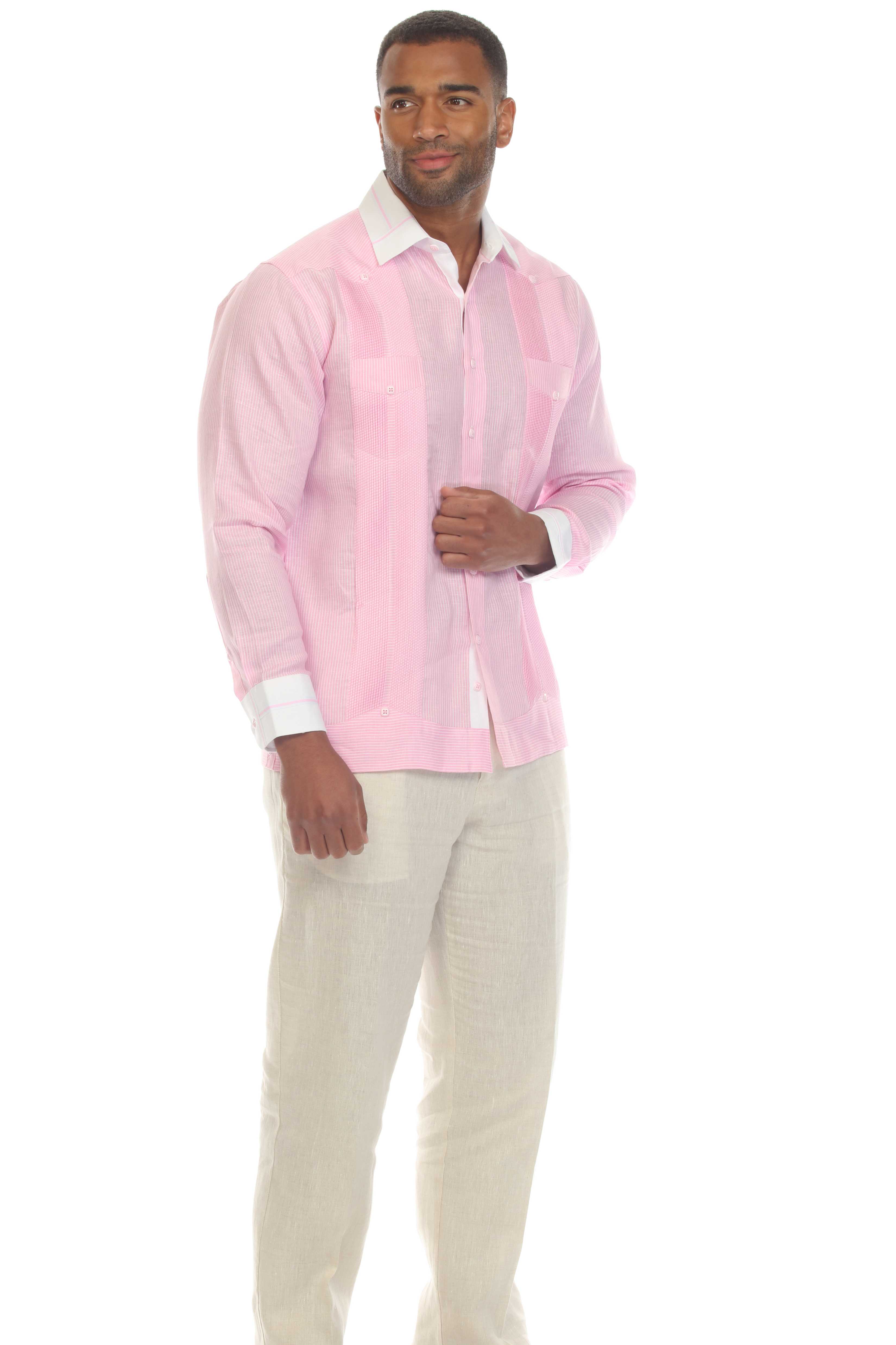 Men's Pinstripe 100% Linen Guayabera Shirt Long Sleeve with Collar Trim Accent