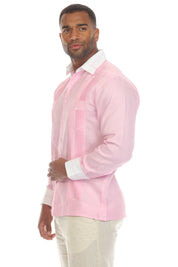 Men's Pinstripe 100% Linen Guayabera Shirt Long Sleeve with Collar Trim Accent