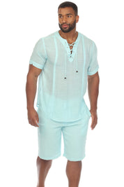 Men's Beachwear Henley Lace Up Shirt Short Sleeve