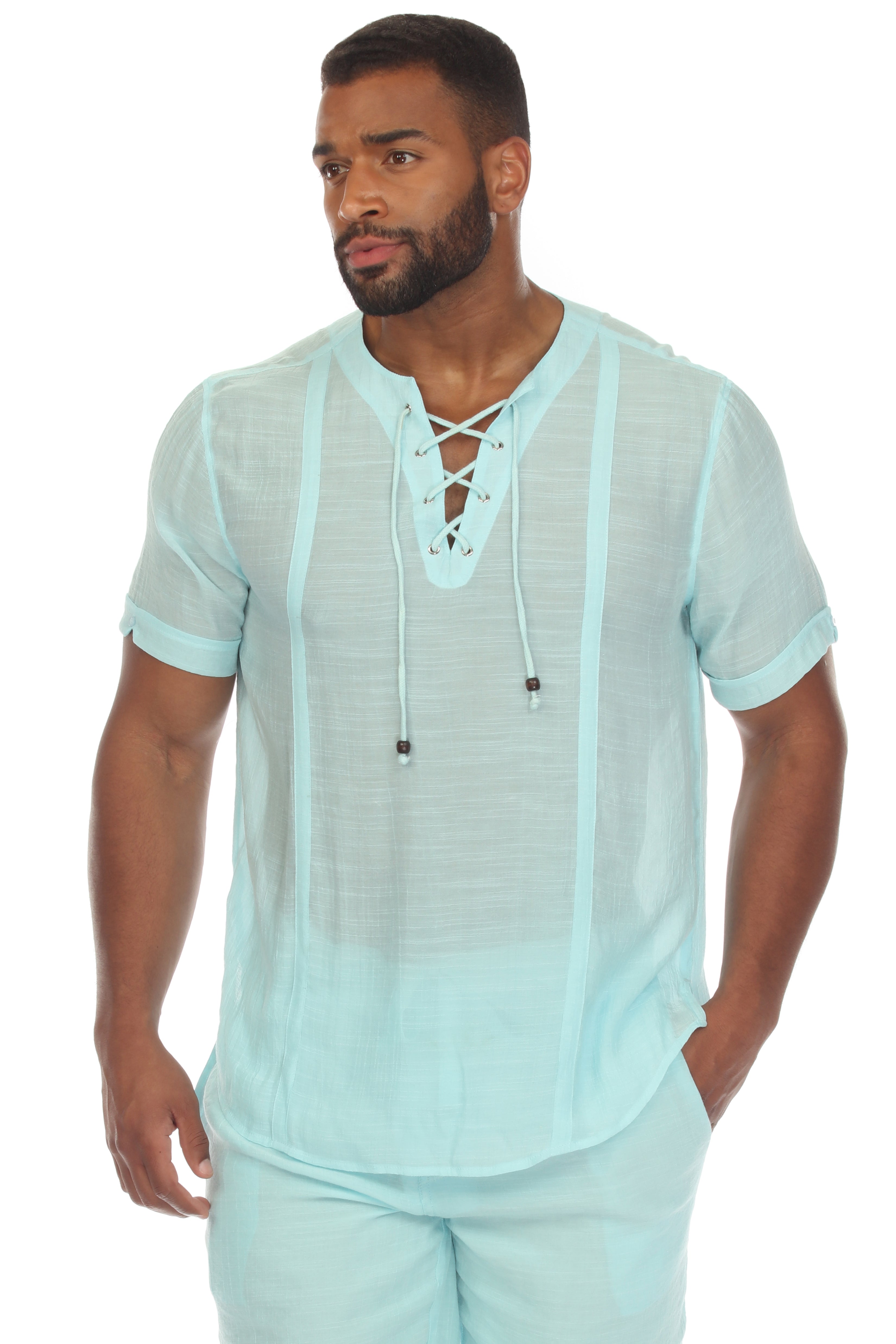 Men's Beachwear Henley Lace Up Shirt Short Sleeve