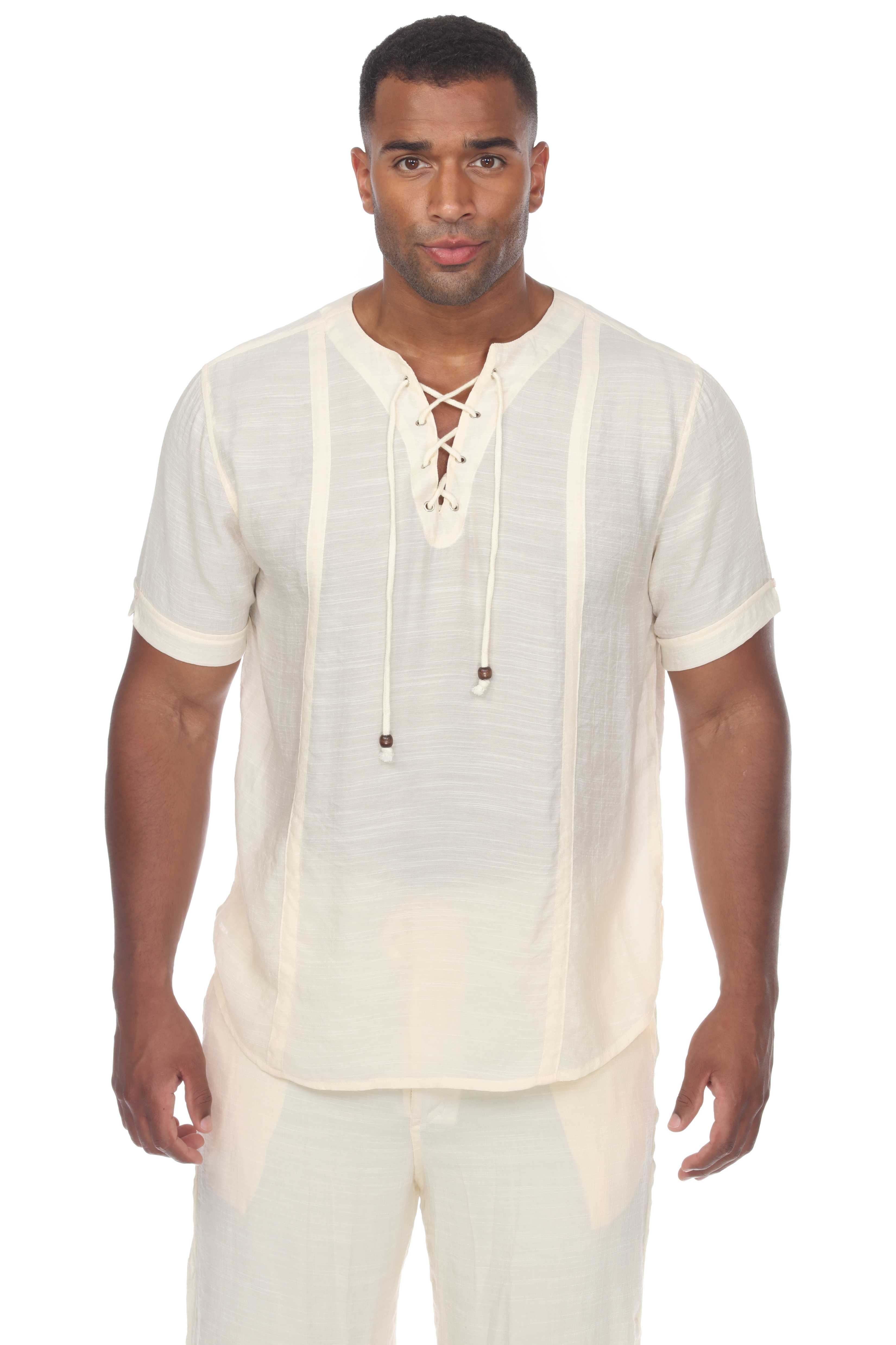 Men's Beachwear Henley Lace Up Shirt Short Sleeve