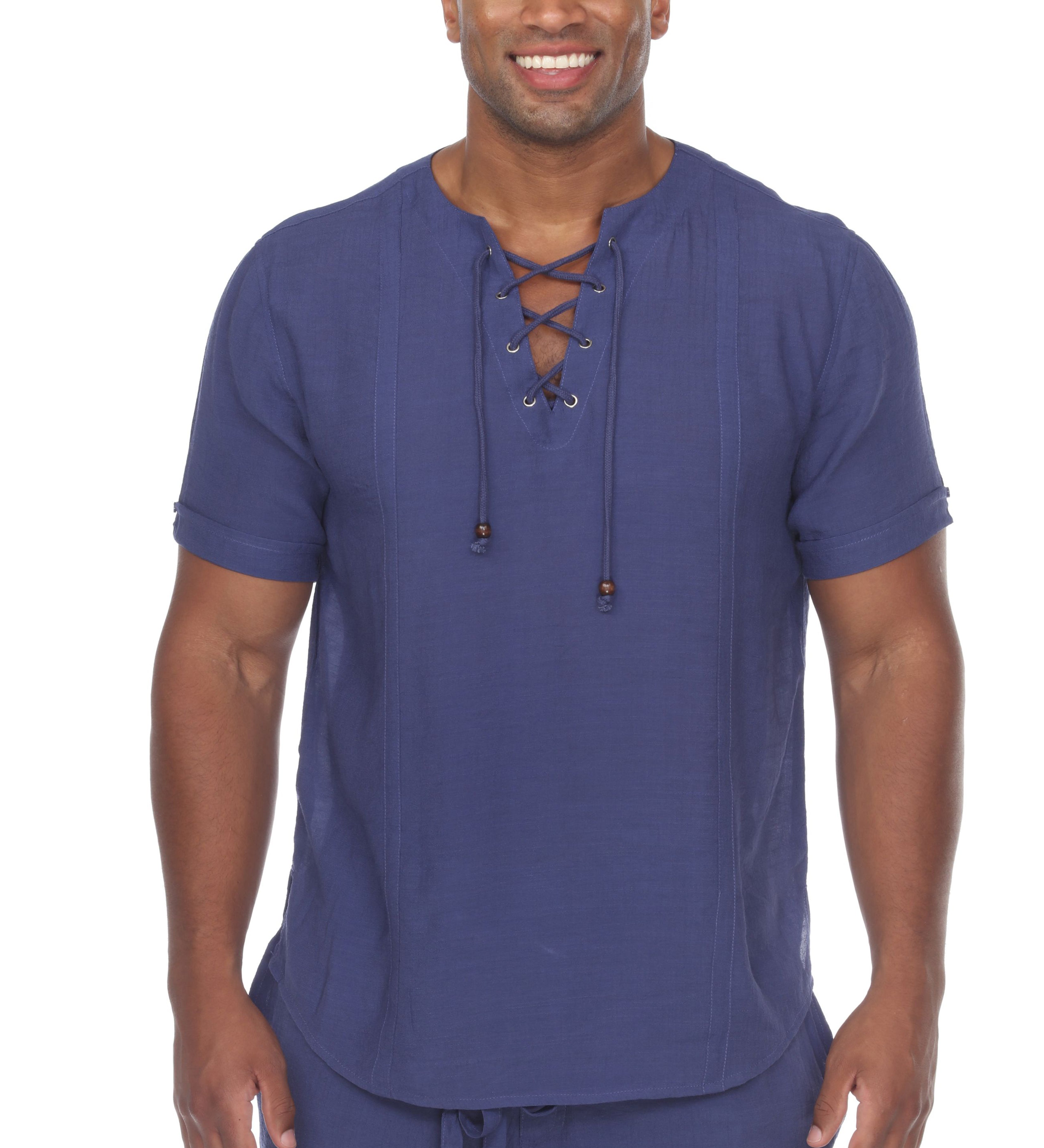 Men's Beachwear Henley Lace Up Shirt Short Sleeve