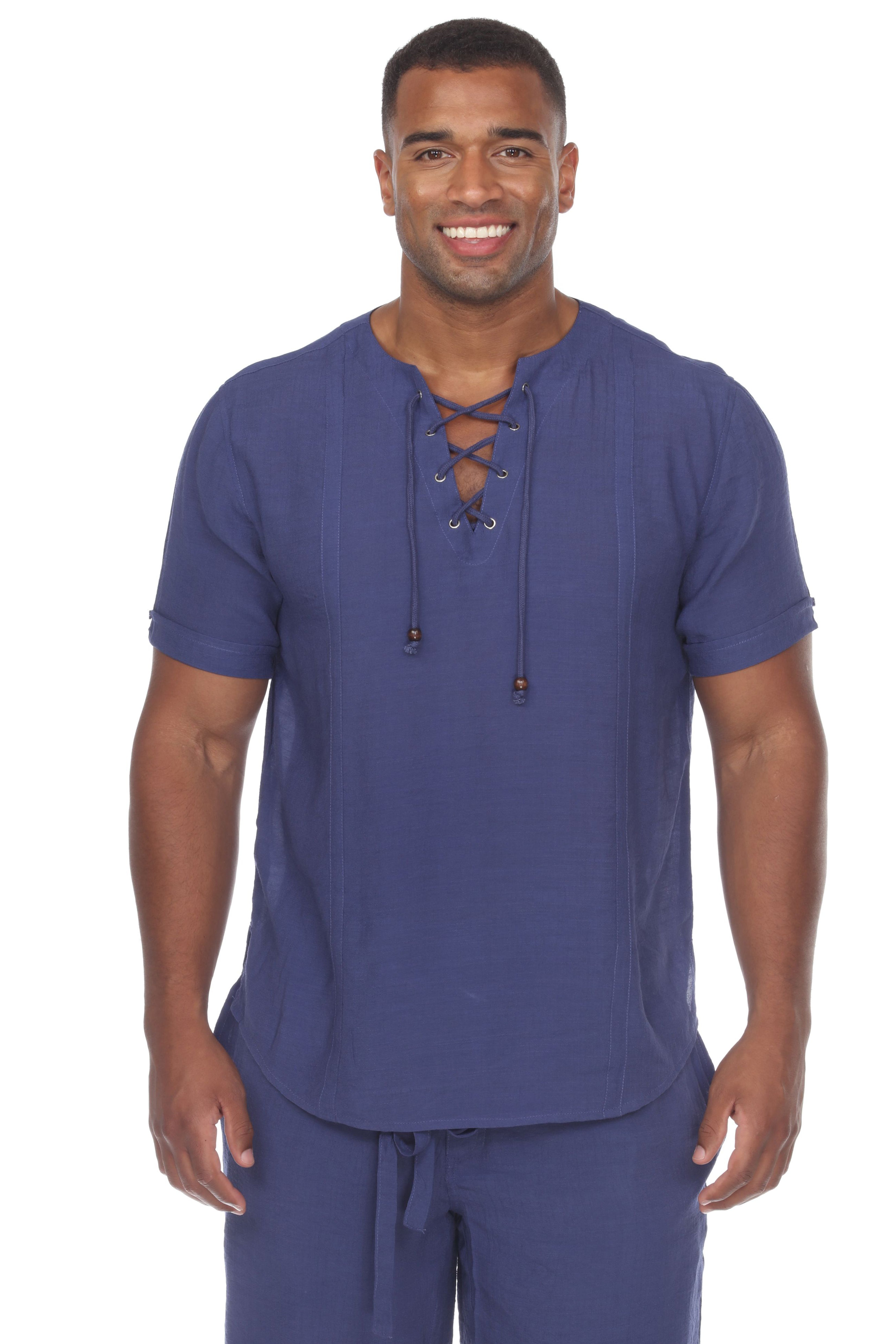 Men's Beachwear Henley Lace Up Shirt Short Sleeve