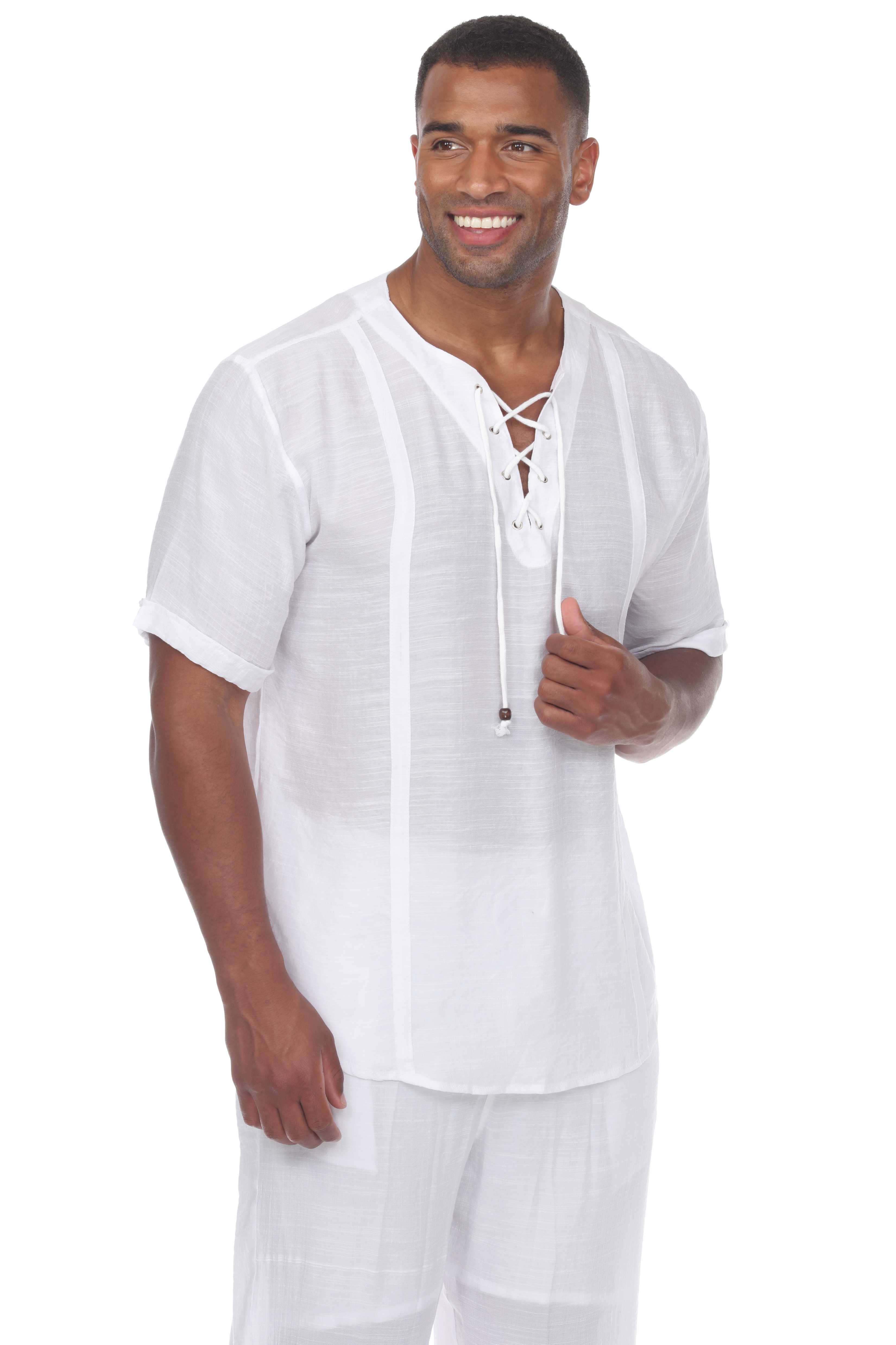 Men's Beachwear Henley Lace Up Shirt Short Sleeve