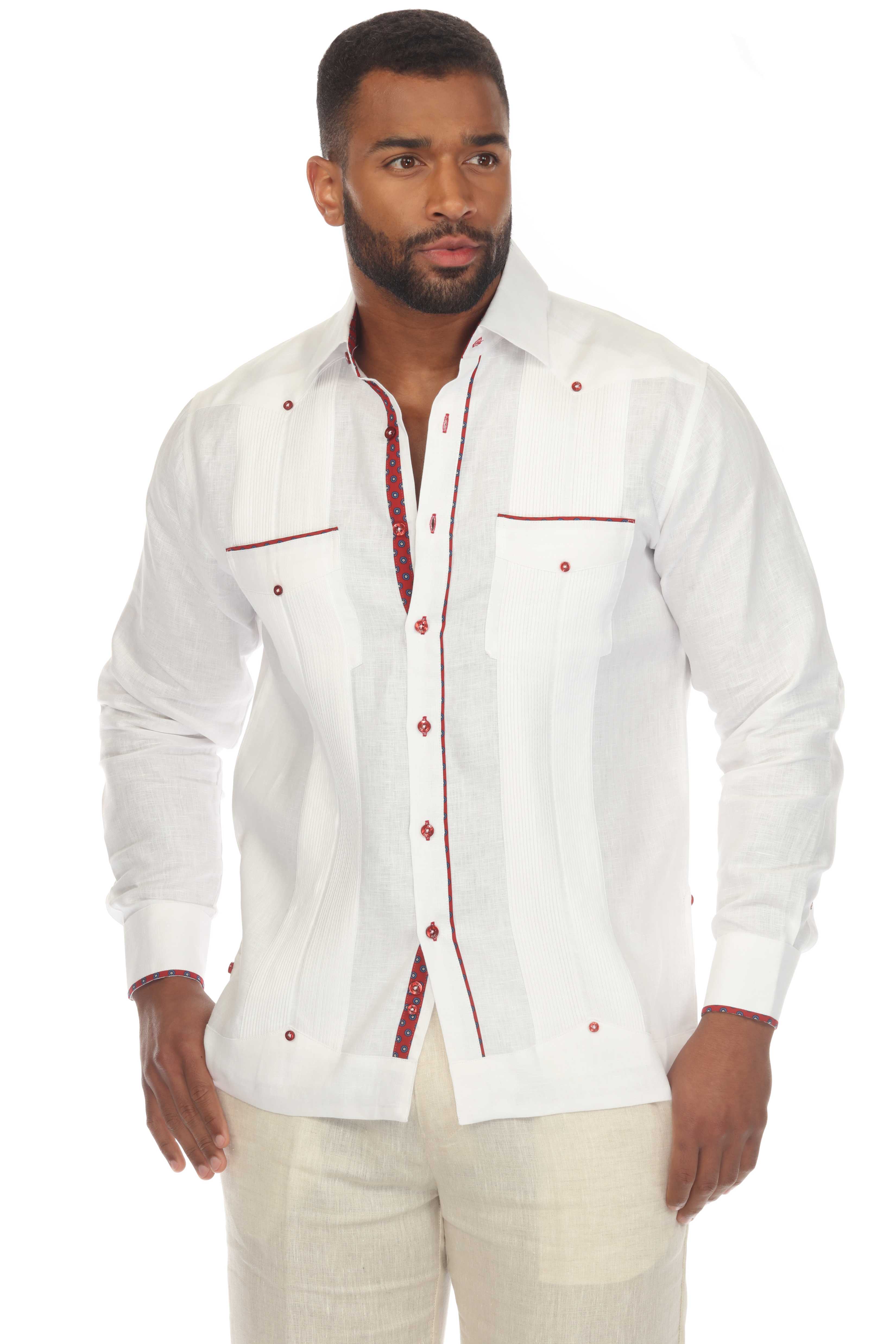 Mojito Men's 100% Linen Guayabera Chacabana Shirt Long Sleeve with Print Trim Accent