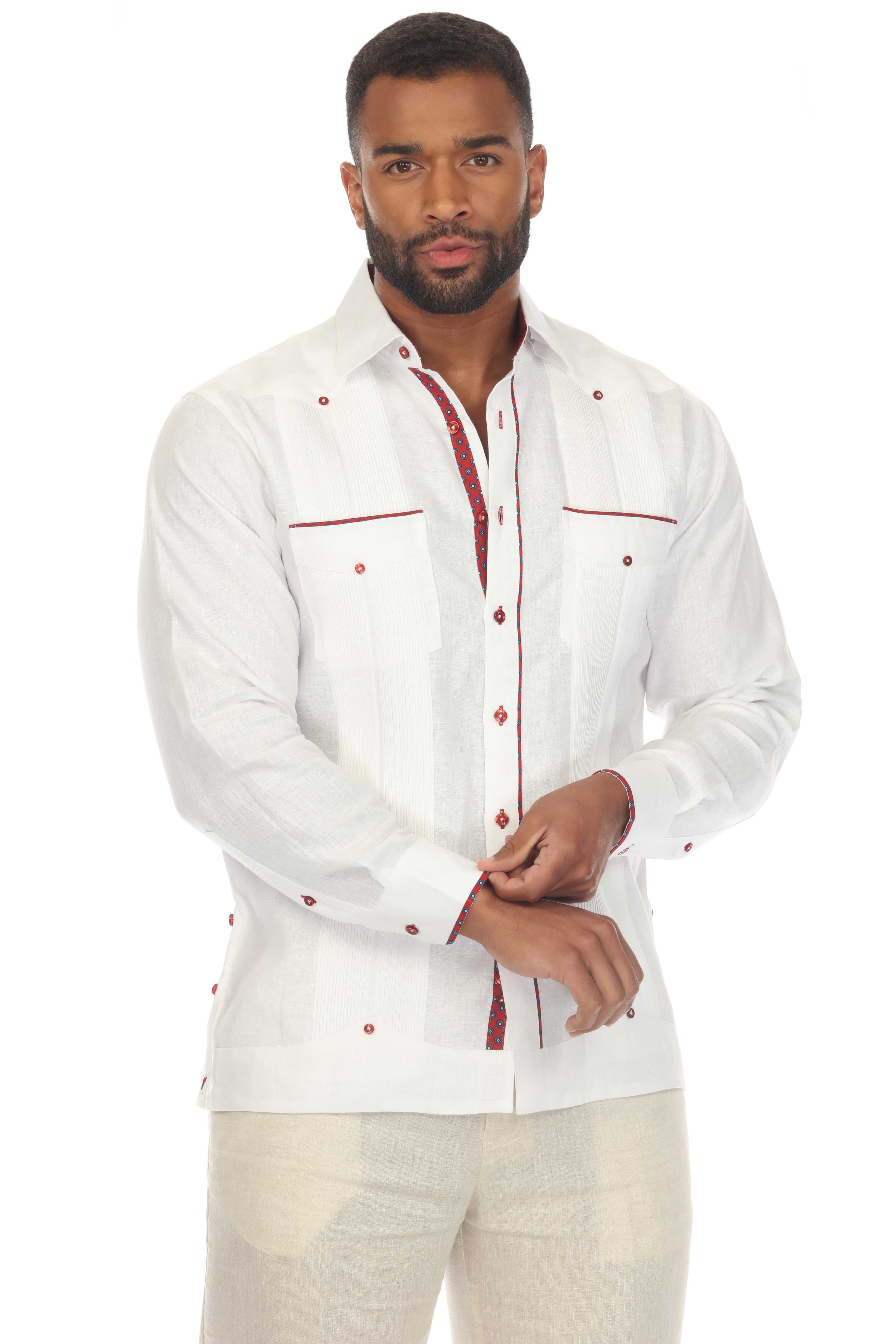 Mojito Men's 100% Linen Guayabera Chacabana Shirt Long Sleeve with Print Trim Accent