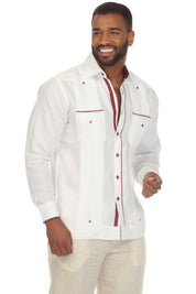 Mojito Men's 100% Linen Guayabera Chacabana Shirt Long Sleeve with Print Trim Accent