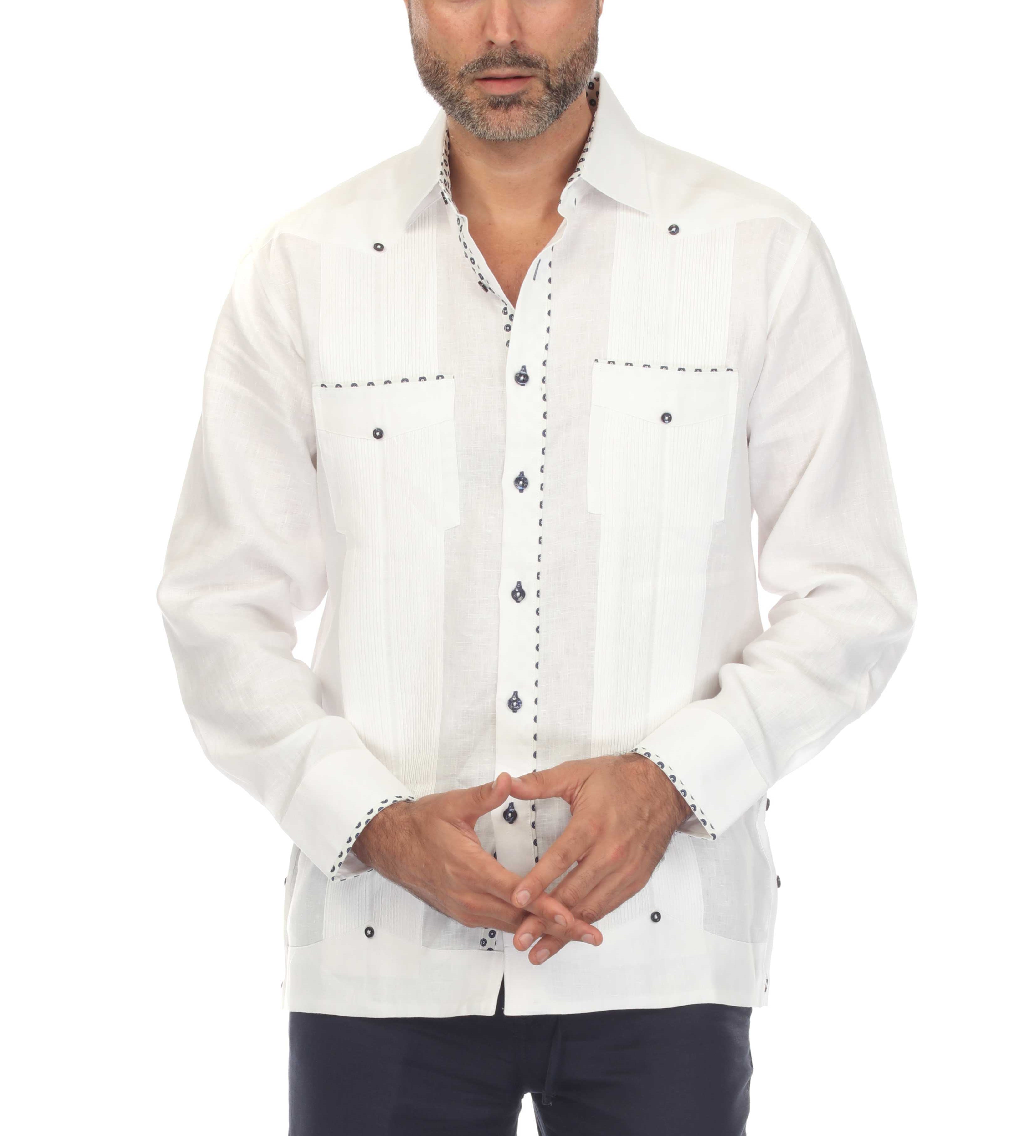 Mojito Men's 100% Linen Guayabera Chacabana Shirt Long Sleeve with Print Trim Accent