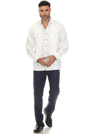 Mojito Men's 100% Linen Guayabera Chacabana Shirt Long Sleeve with Print Trim Accent