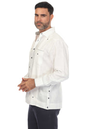 Mojito Men's 100% Linen Guayabera Chacabana Shirt Long Sleeve with Print Trim Accent