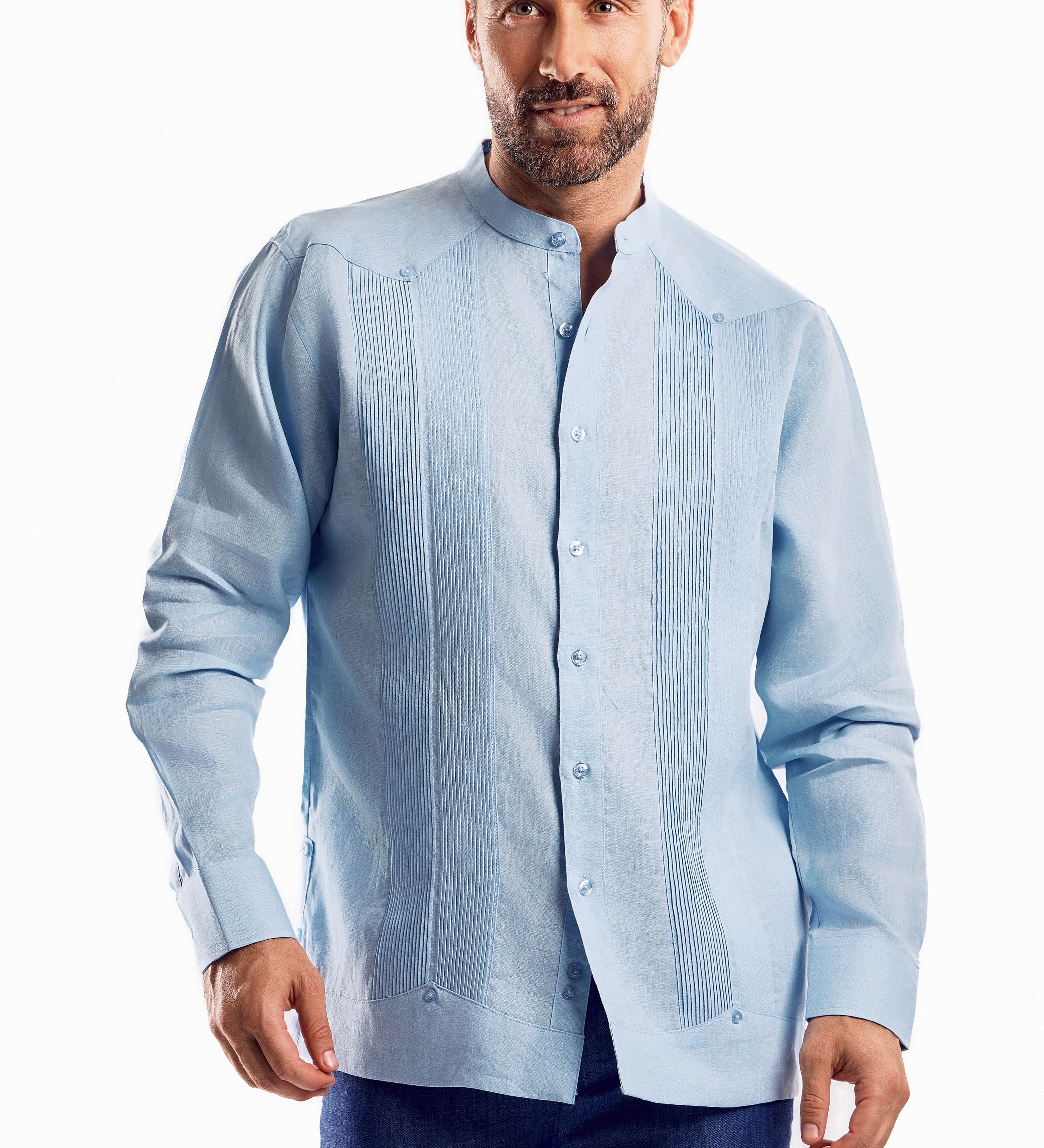 Mojito Men's Mandarin Collar Beach Wedding Guayabera Shirt 100% Linen Long Sleeve