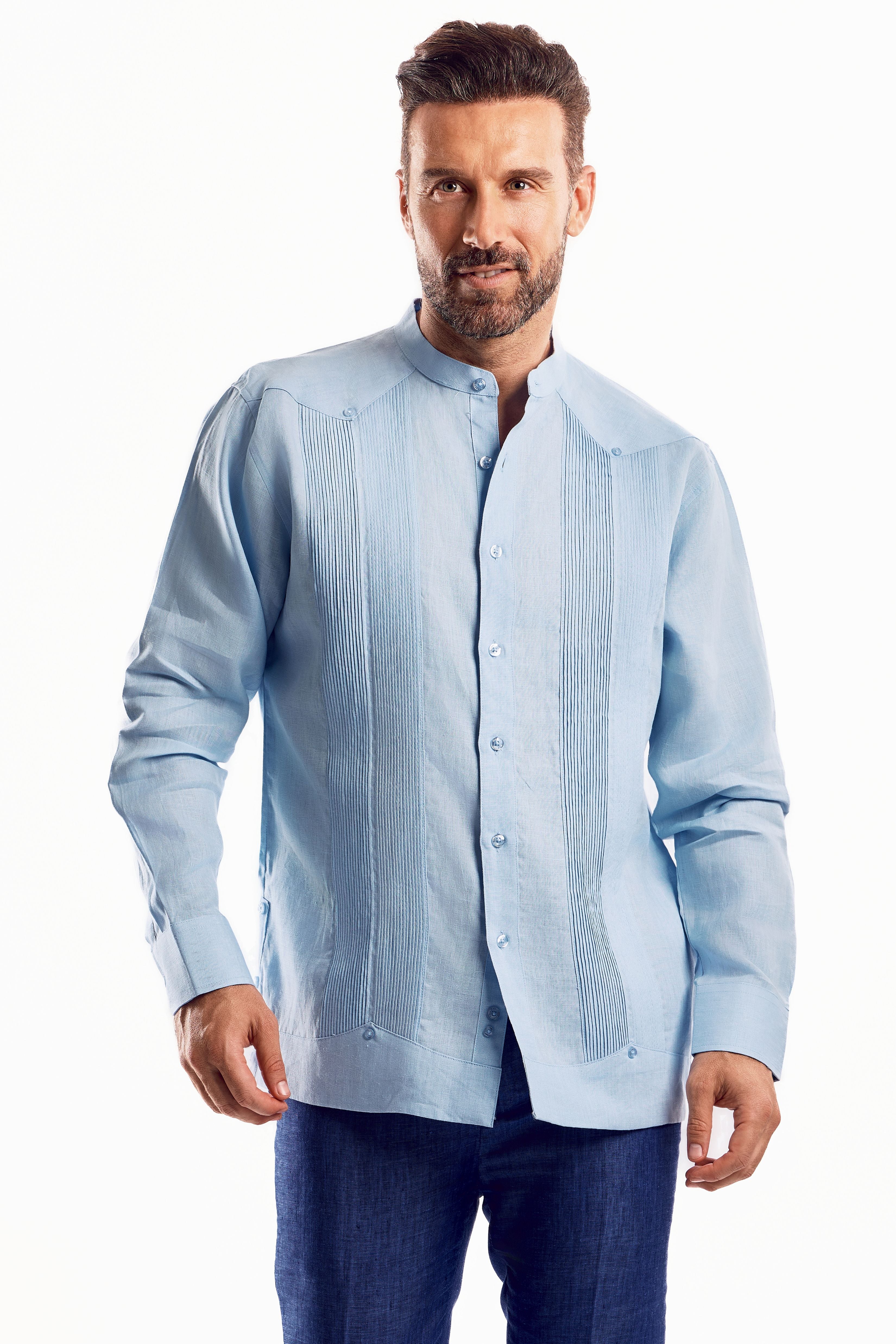 Mojito Men's Mandarin Collar Beach Wedding Guayabera Shirt 100% Linen Long Sleeve