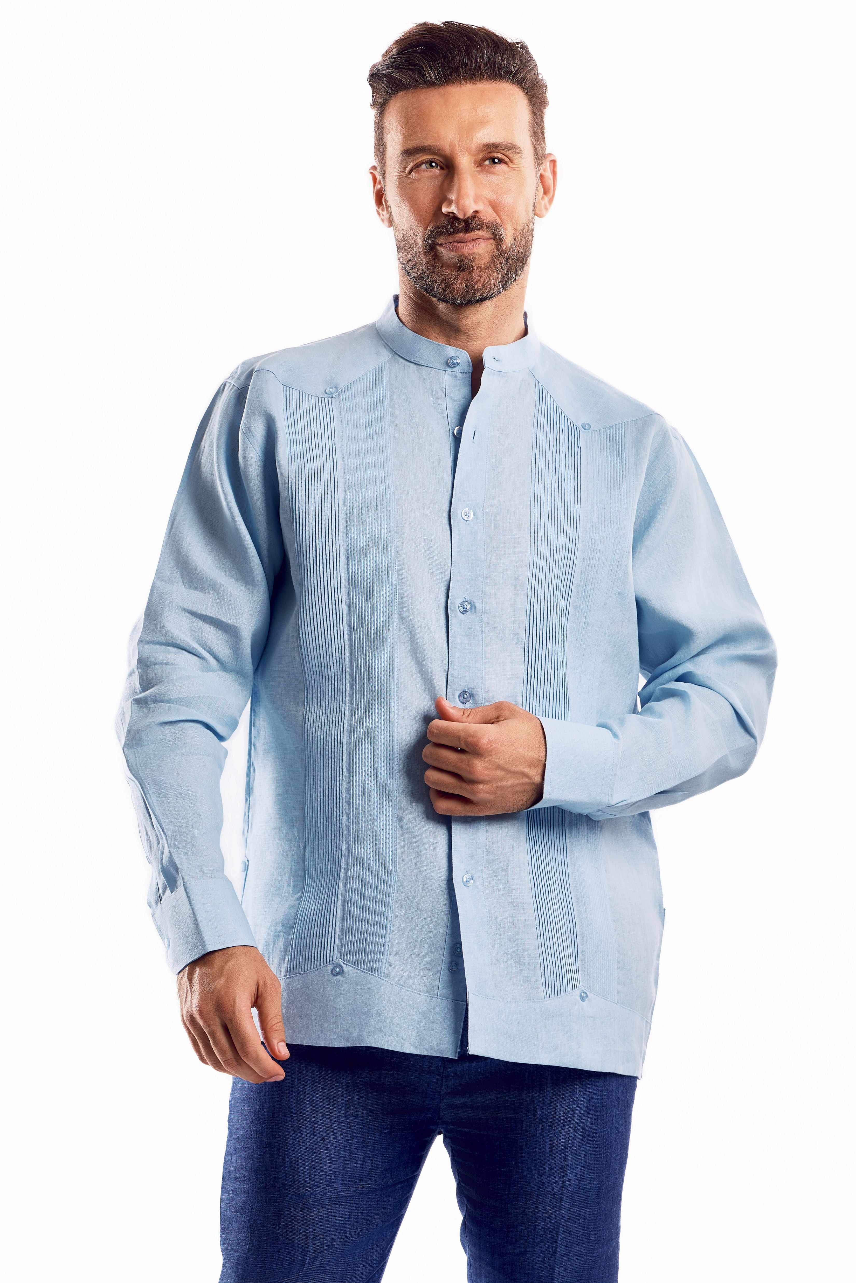 Mojito Men's Mandarin Collar Beach Wedding Guayabera Shirt 100% Linen Long Sleeve