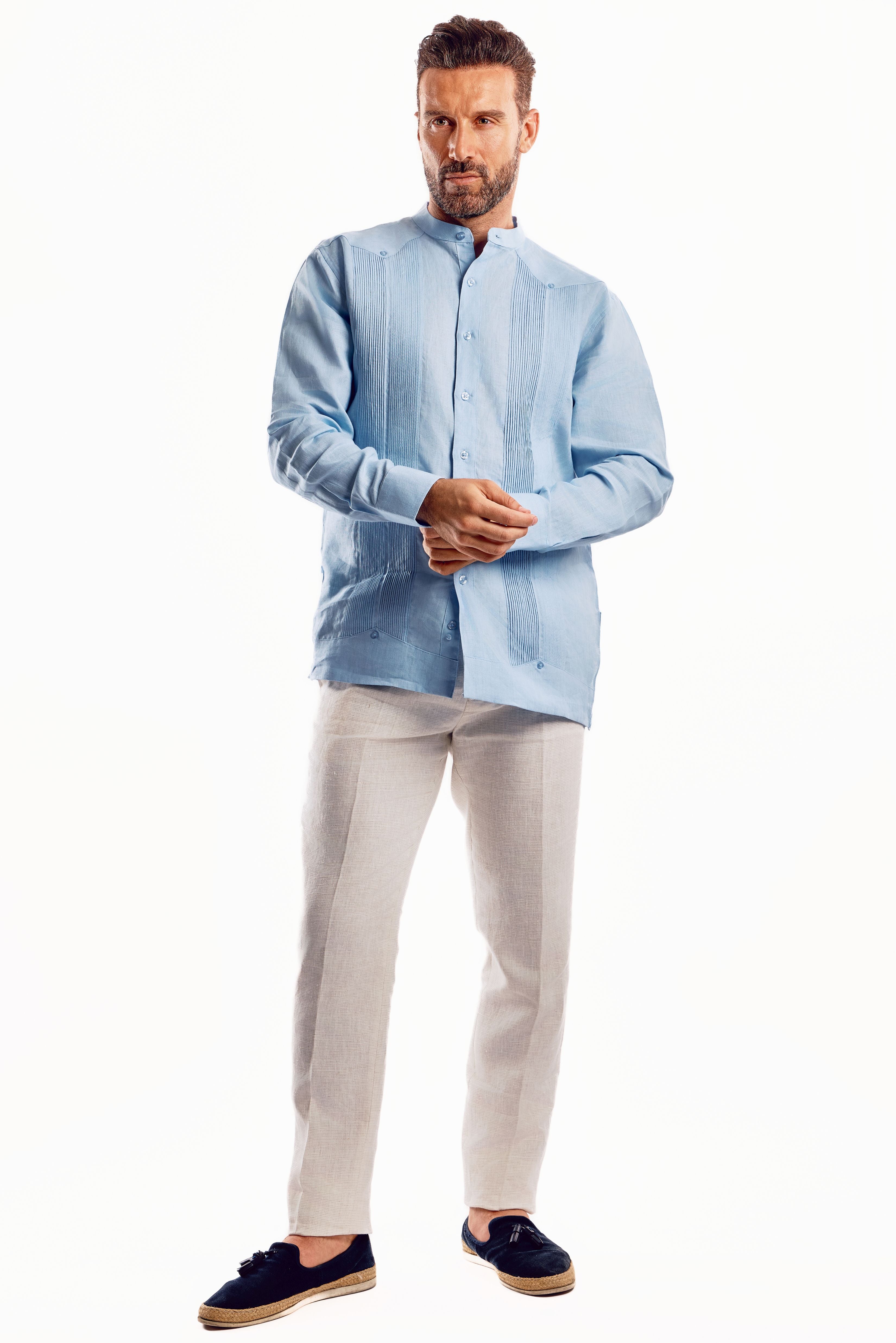 Mojito Men's Mandarin Collar Beach Wedding Guayabera Shirt 100% Linen Long Sleeve