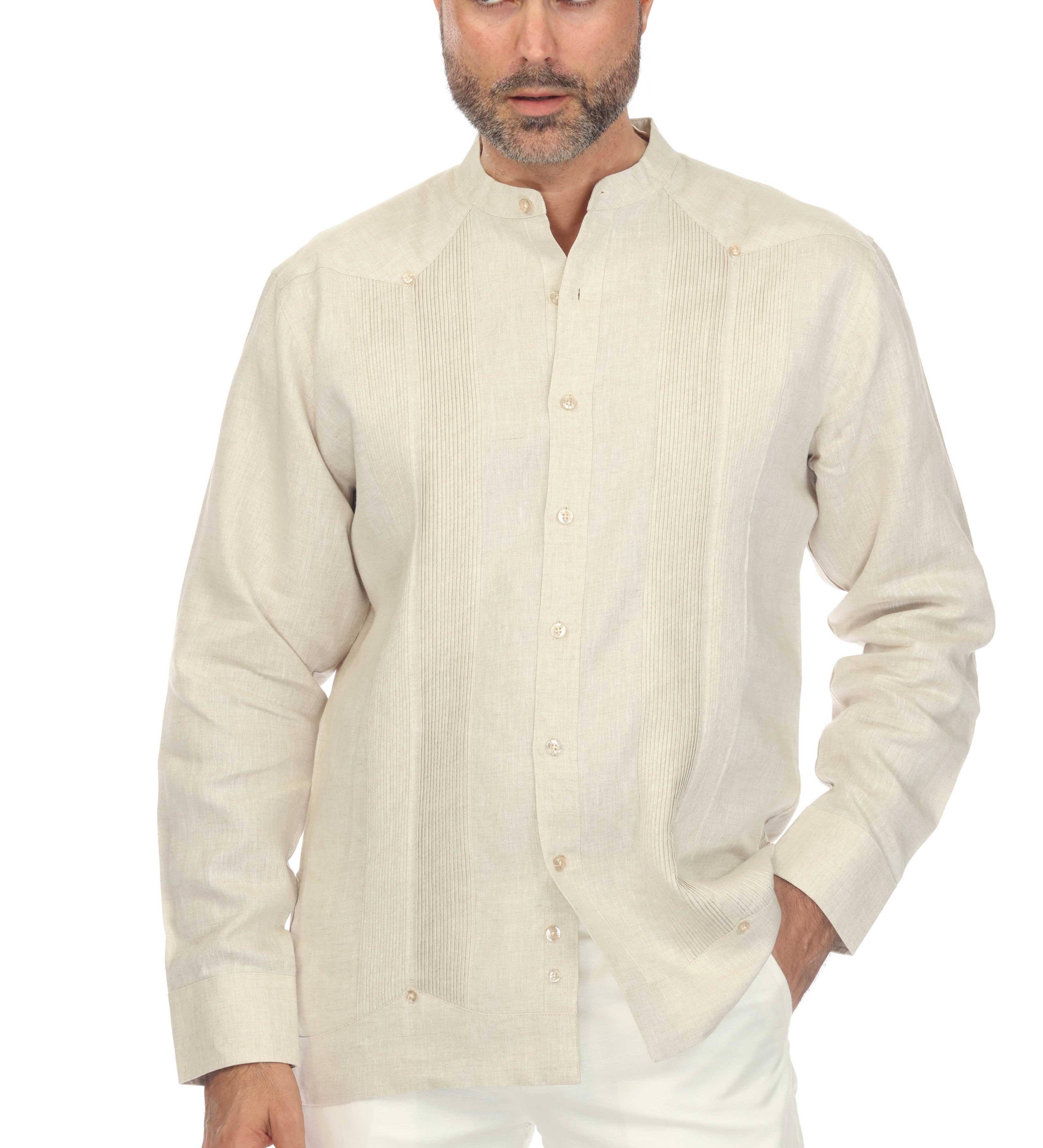 Mojito Men's Mandarin Collar Beach Wedding Guayabera Shirt 100% Linen Long Sleeve