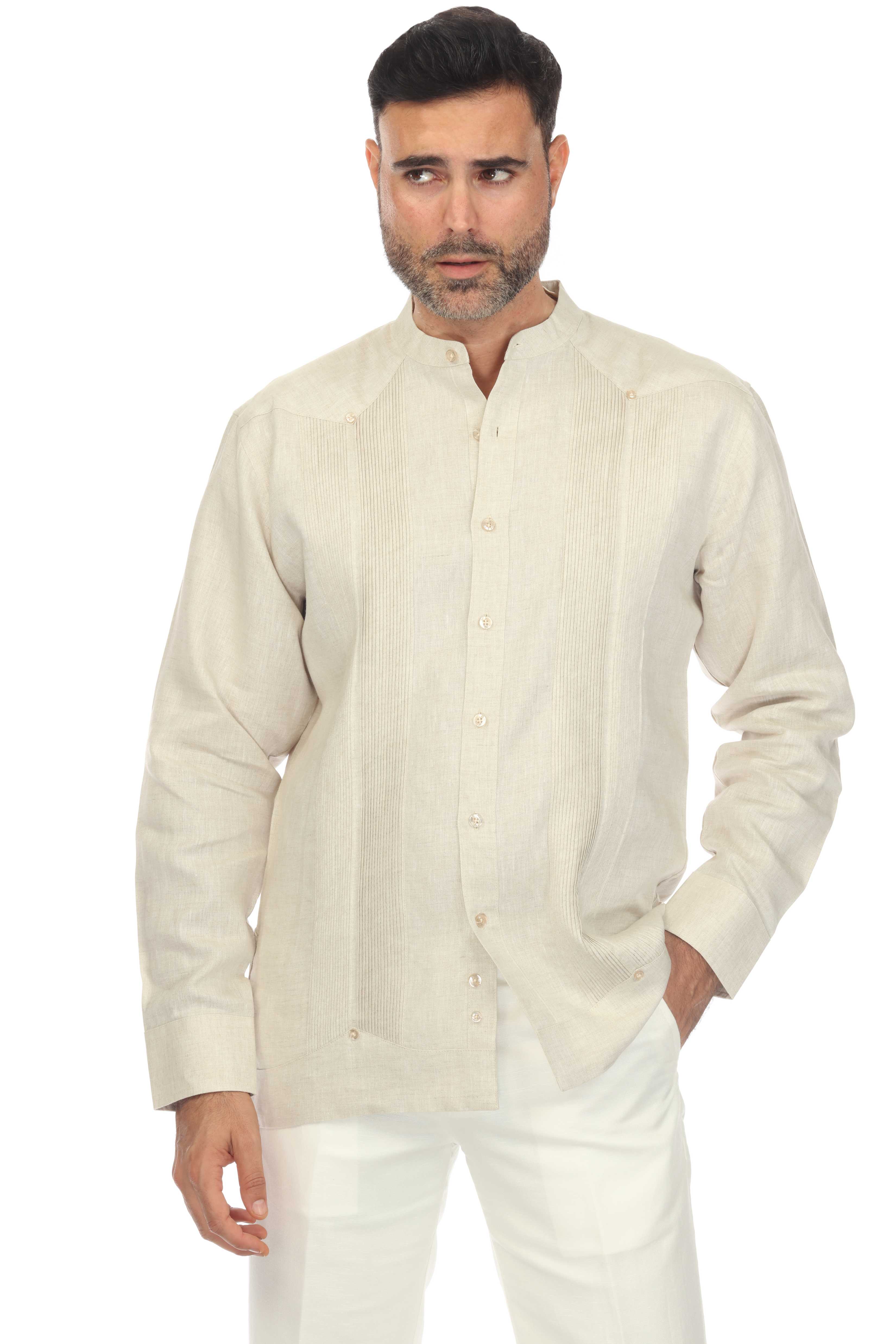 Mojito Men's Mandarin Collar Beach Wedding Guayabera Shirt 100% Linen Long Sleeve