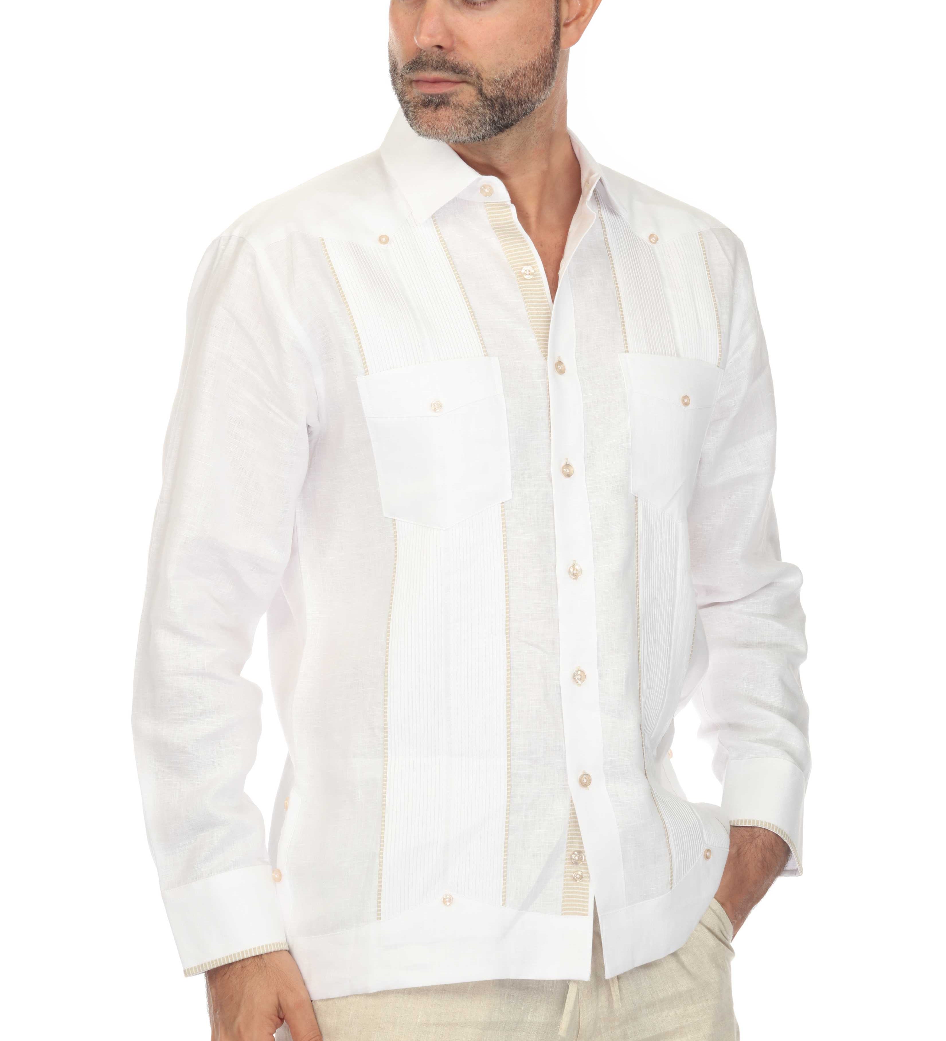 Mojito Men's 100% Linen Guayabera Chacabana Shirt Long Sleeve with Print Trim Accent