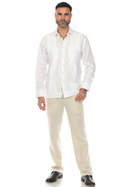 Mojito Men's 100% Linen Guayabera Chacabana Shirt Long Sleeve with Print Trim Accent