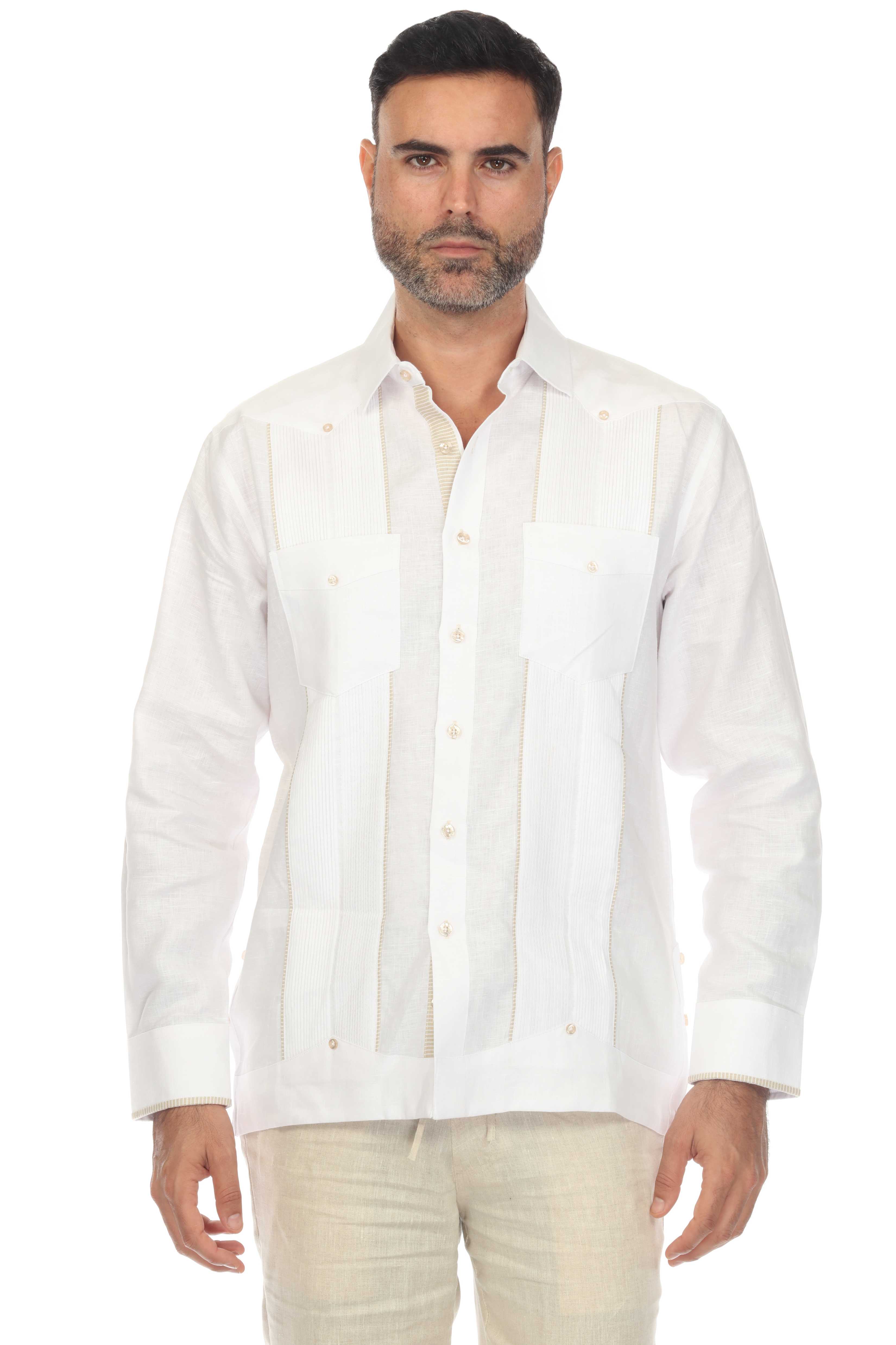 Mojito Men's 100% Linen Guayabera Chacabana Shirt Long Sleeve with Print Trim Accent