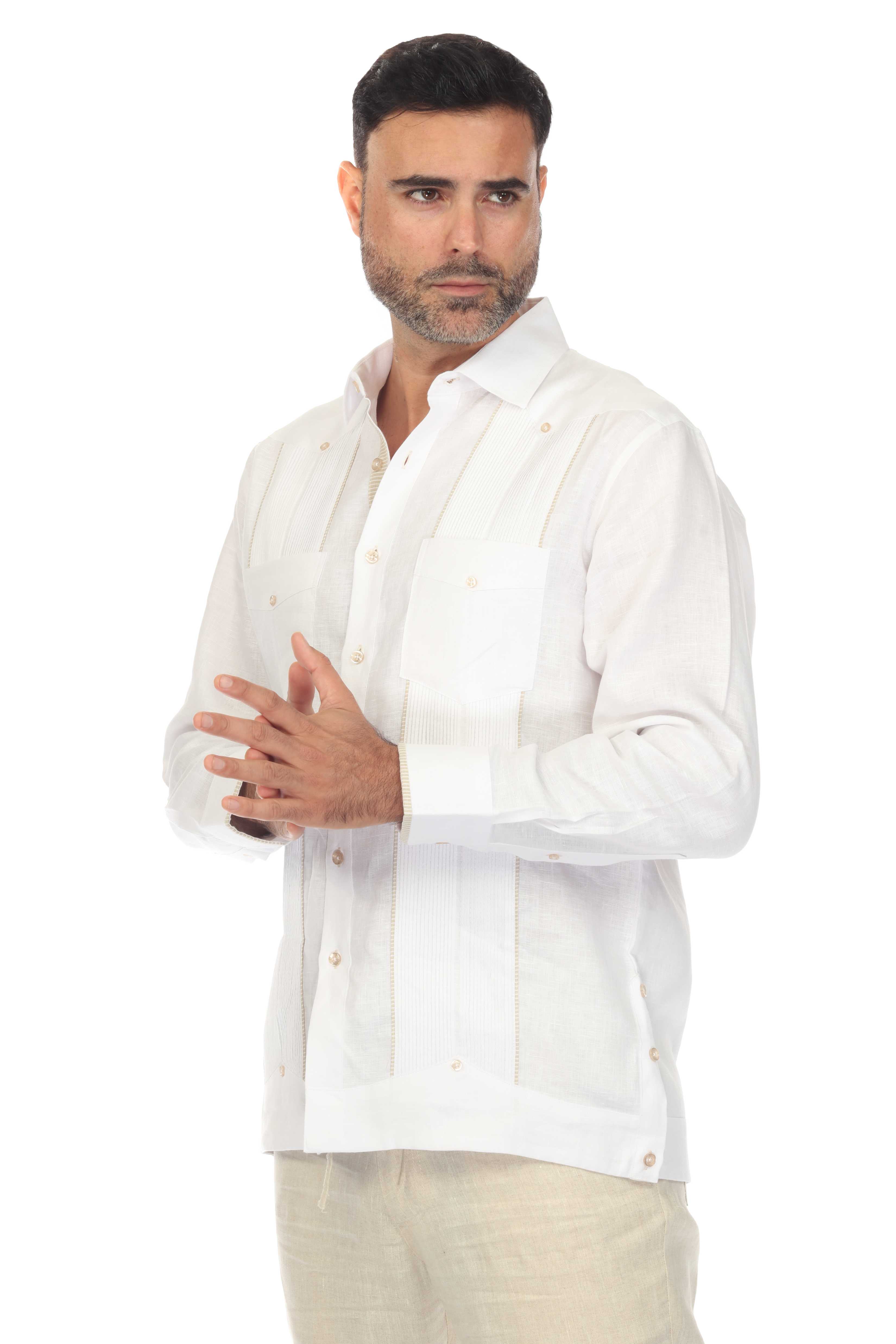 Mojito Men's 100% Linen Guayabera Chacabana Shirt Long Sleeve with Print Trim Accent