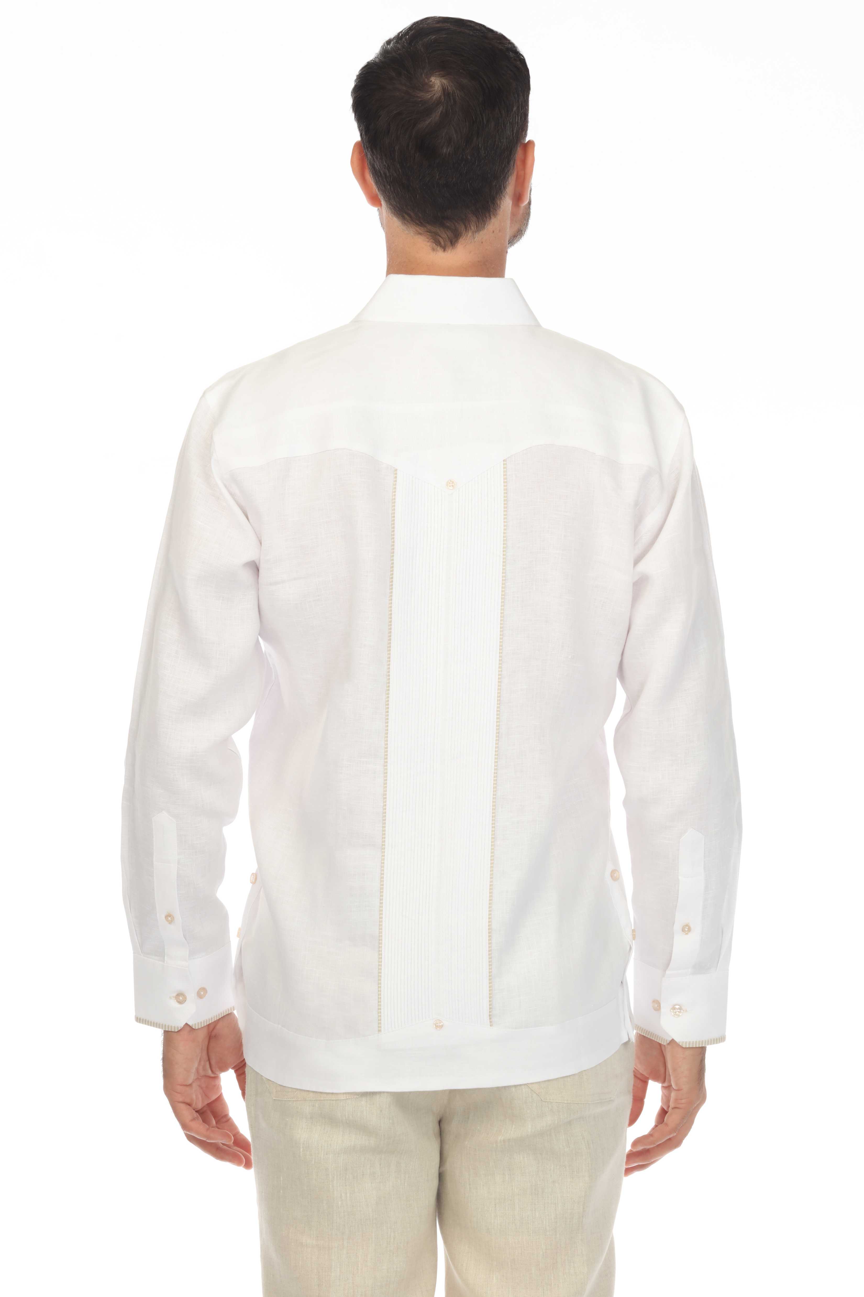 Mojito Men's 100% Linen Guayabera Chacabana Shirt Long Sleeve with Print Trim Accent