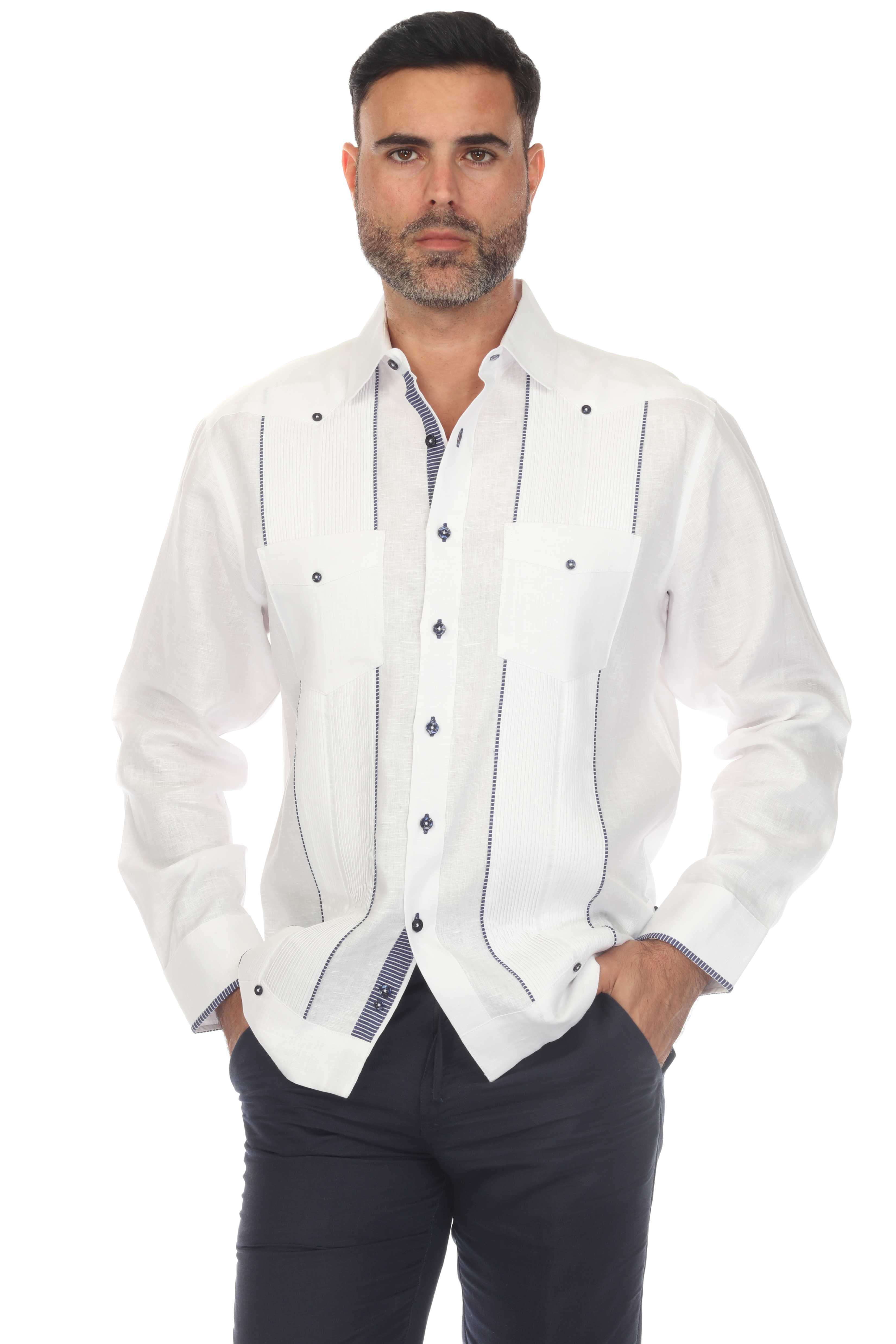 Mojito Men's 100% Linen Guayabera Chacabana Shirt Long Sleeve with Print Trim Accent