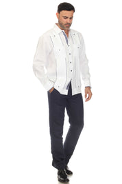 Mojito Men's 100% Linen Guayabera Chacabana Shirt Long Sleeve with Print Trim Accent