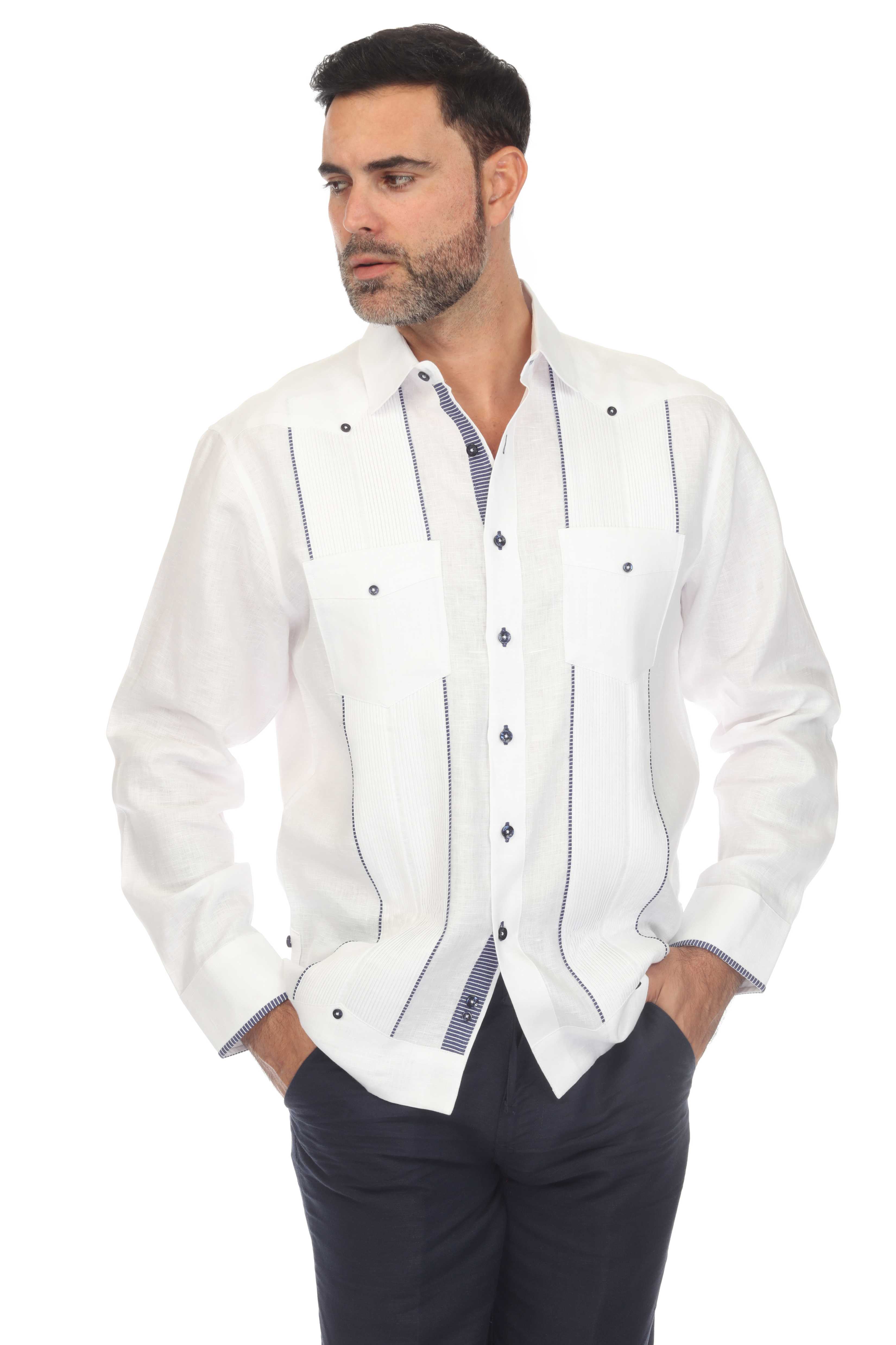 Mojito Men's 100% Linen Guayabera Chacabana Shirt Long Sleeve with Print Trim Accent