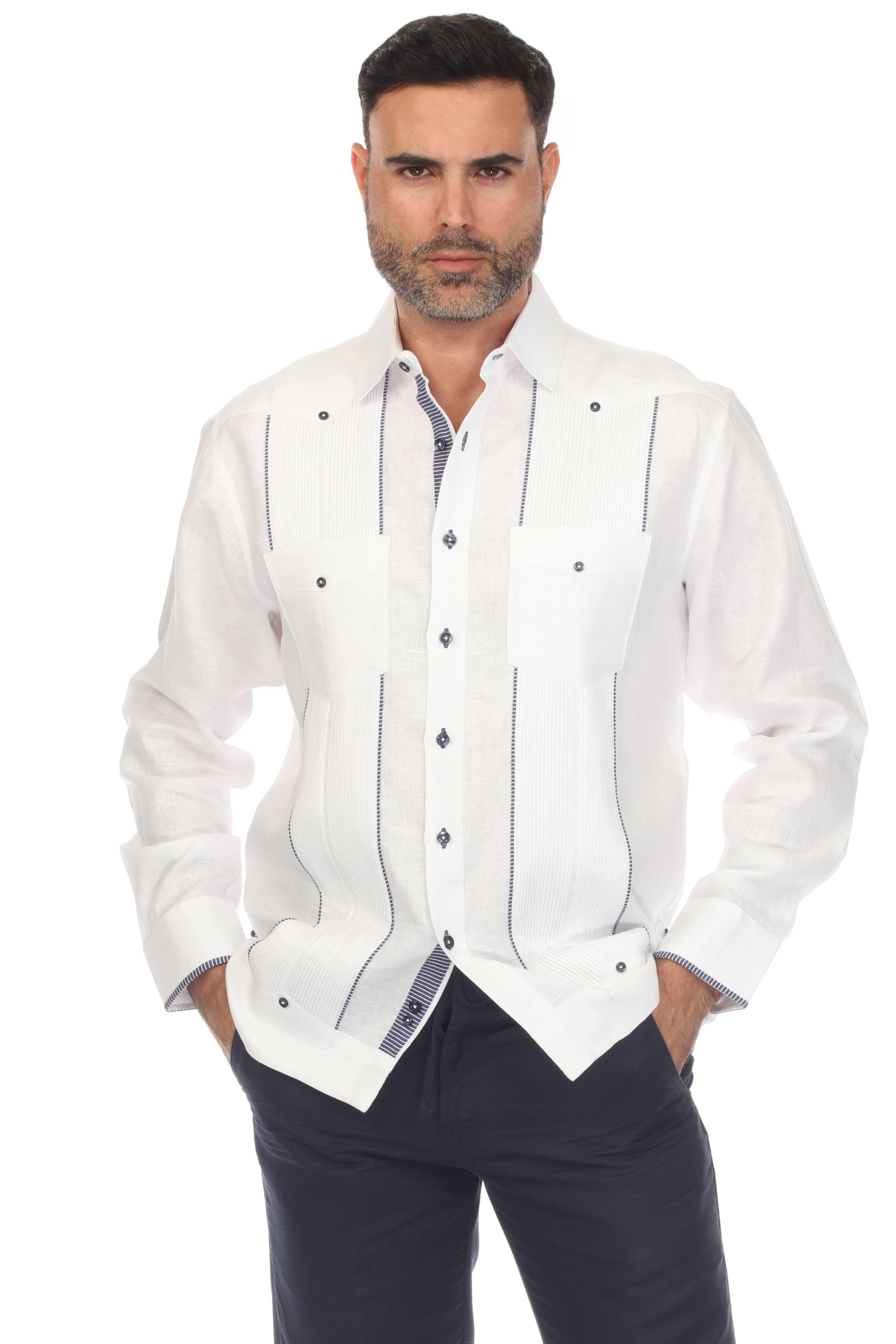 Mojito Men's 100% Linen Guayabera Chacabana Shirt Long Sleeve with Print Trim Accent